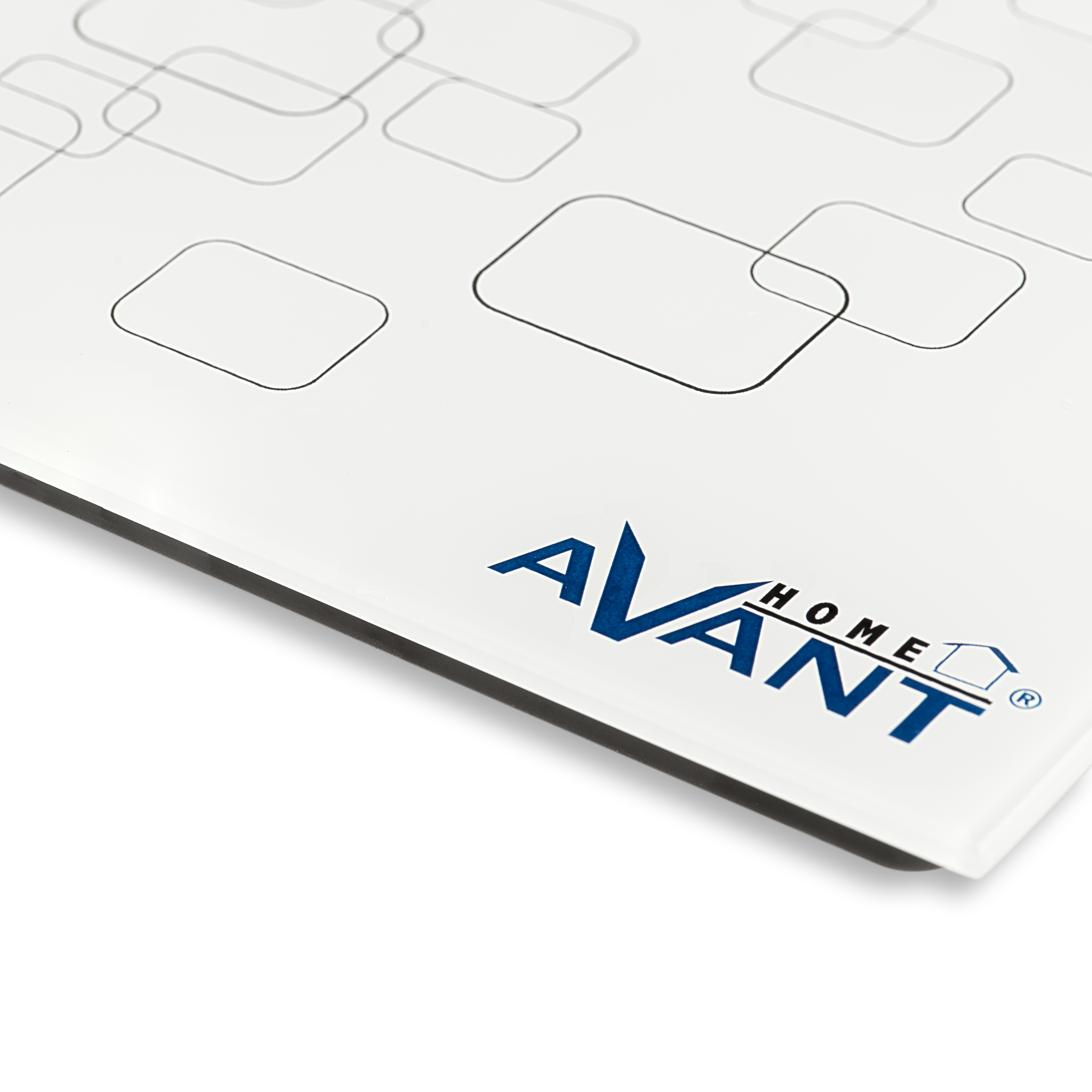Báscula de baño blanca con logo azul Avant Home. Fondo blanco.