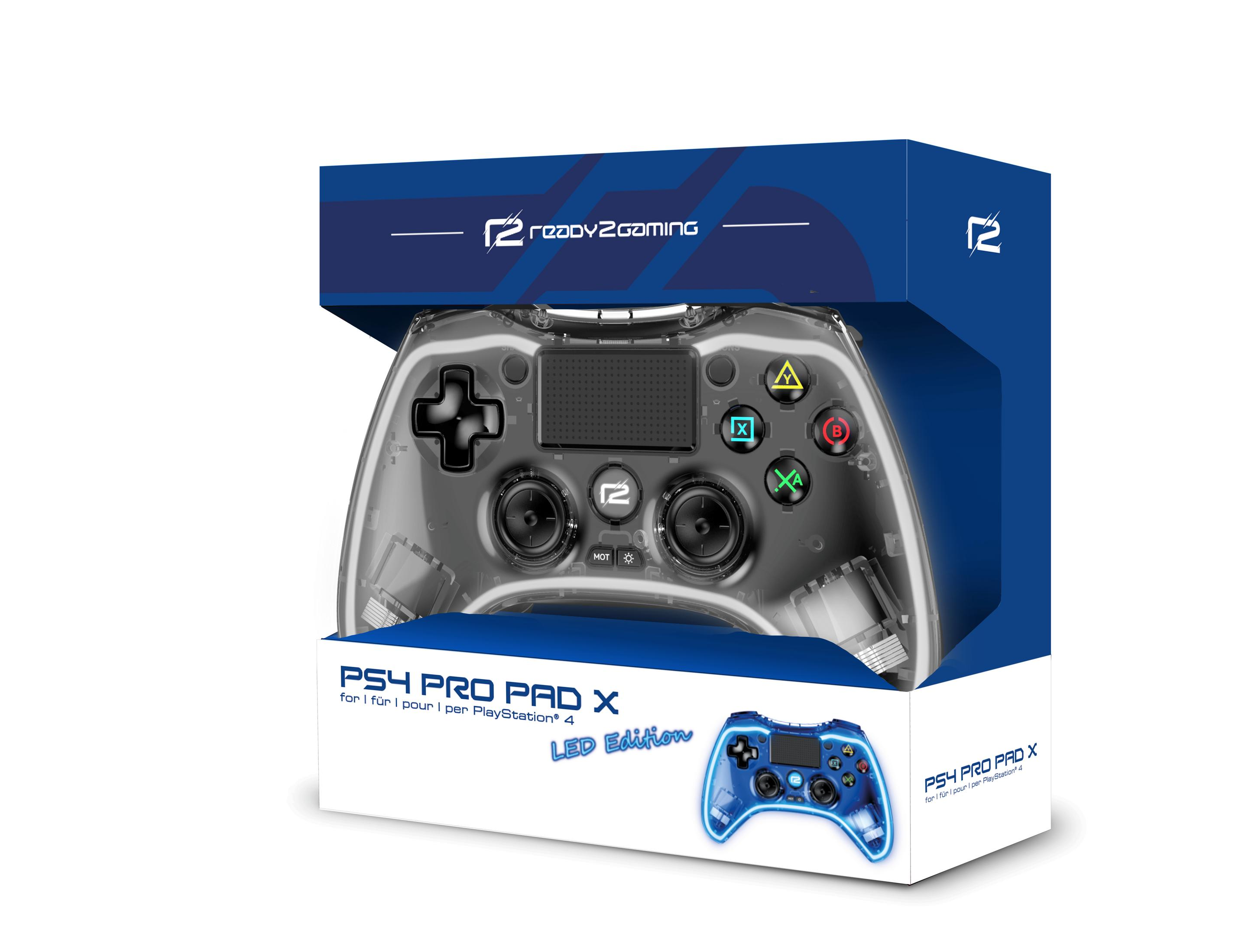 Controller PS4 Pro Pad X in una scatola, trasparente con dettagli LED blu.