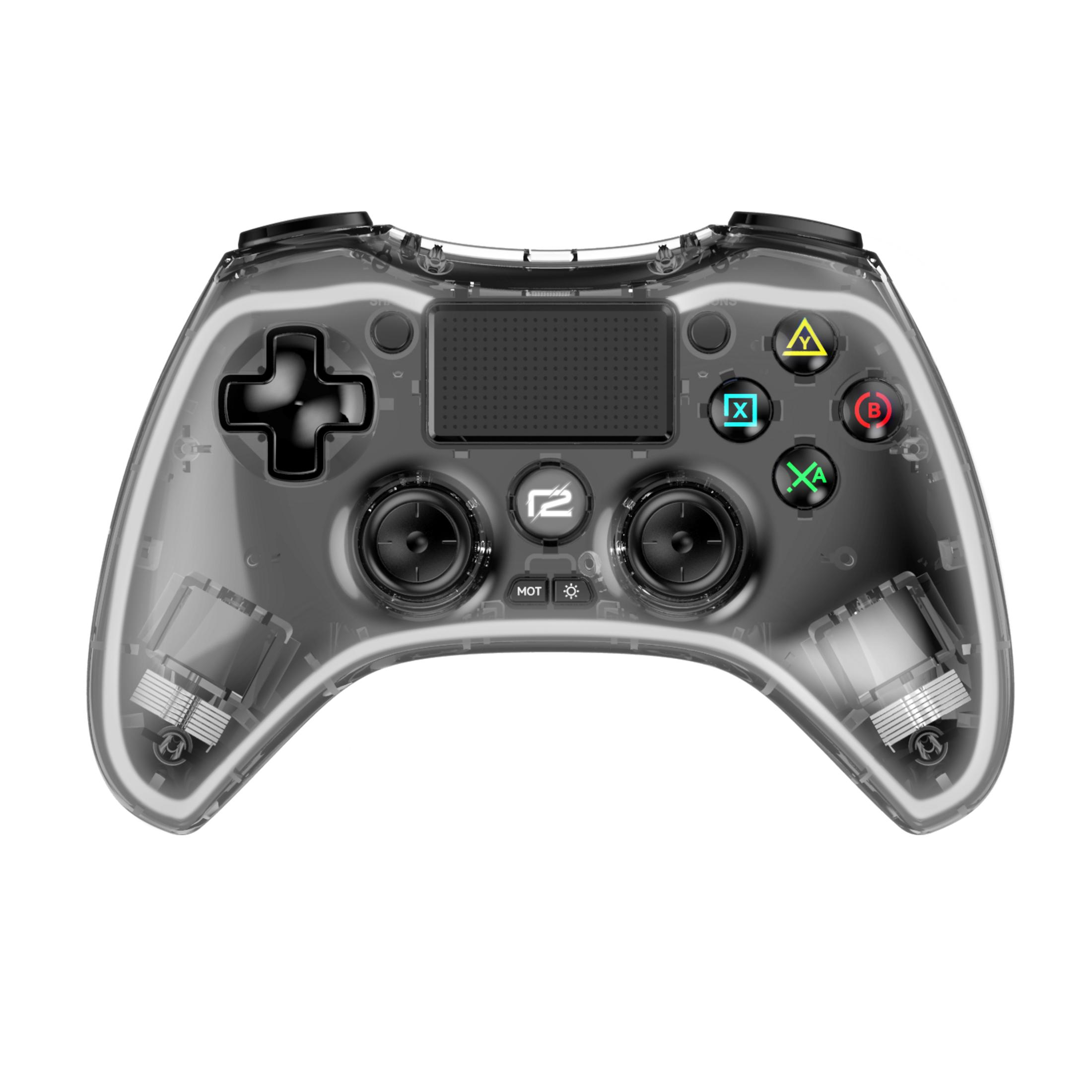 Controller di gioco grigio trasparente. Pulsanti con simboli colorati. Leve di controllo nere. Sfondo bianco.