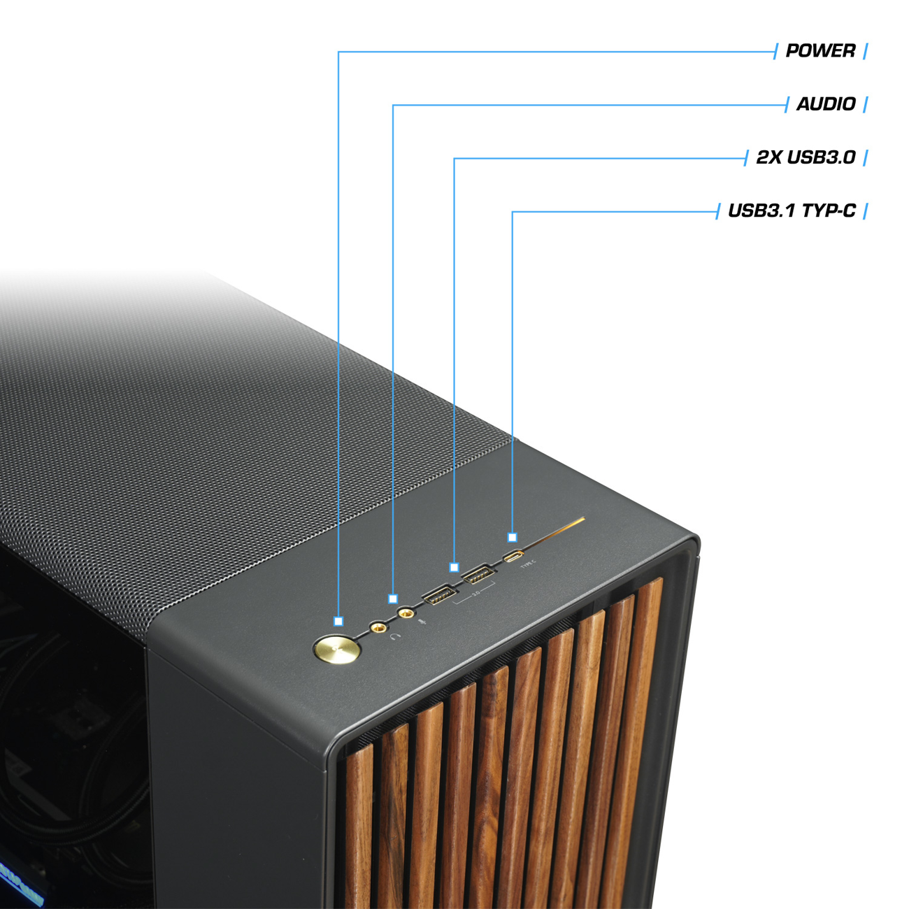Schwarzes Computergehäuse mit Holzverkleidung. Strom-, Audio-, USB-Anschlüsse sind sichtbar.
