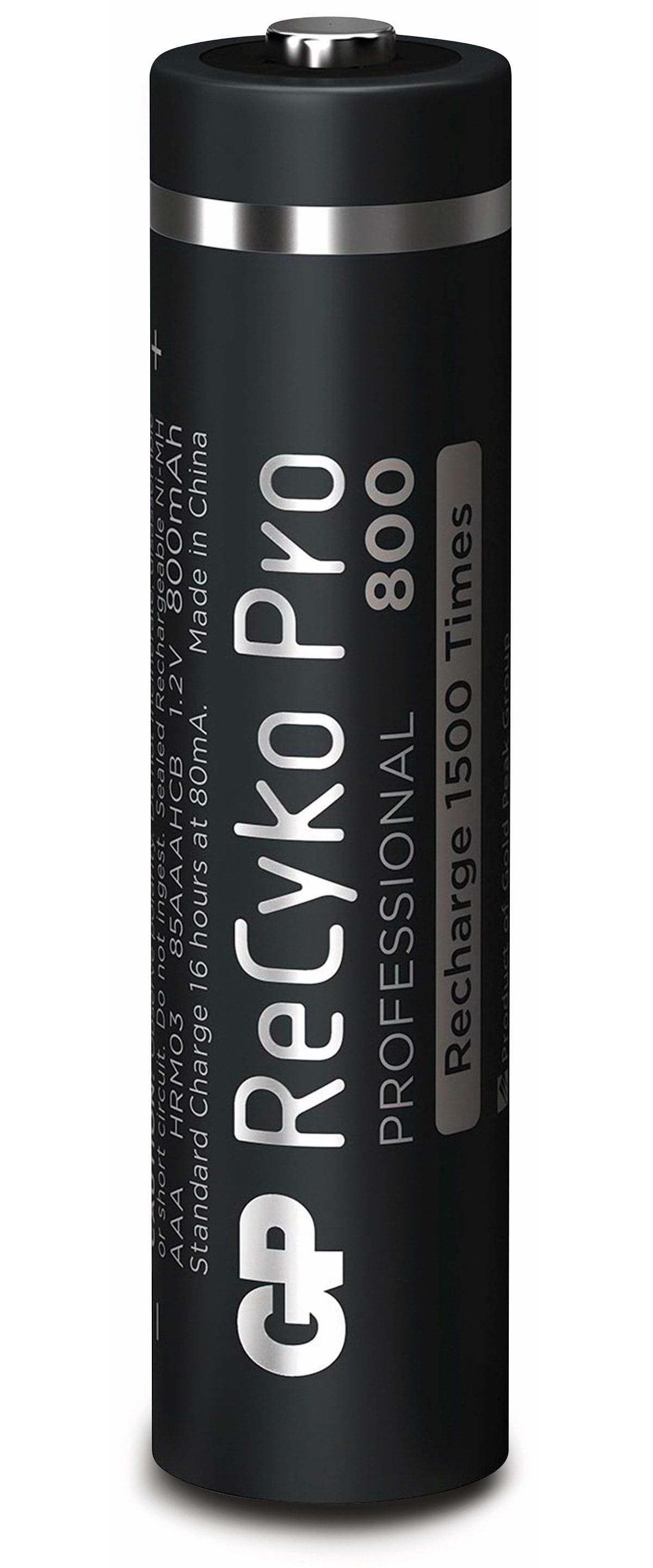Black rechargeable battery with white text and silver top.  'ReCyko Pro' is printed on it.