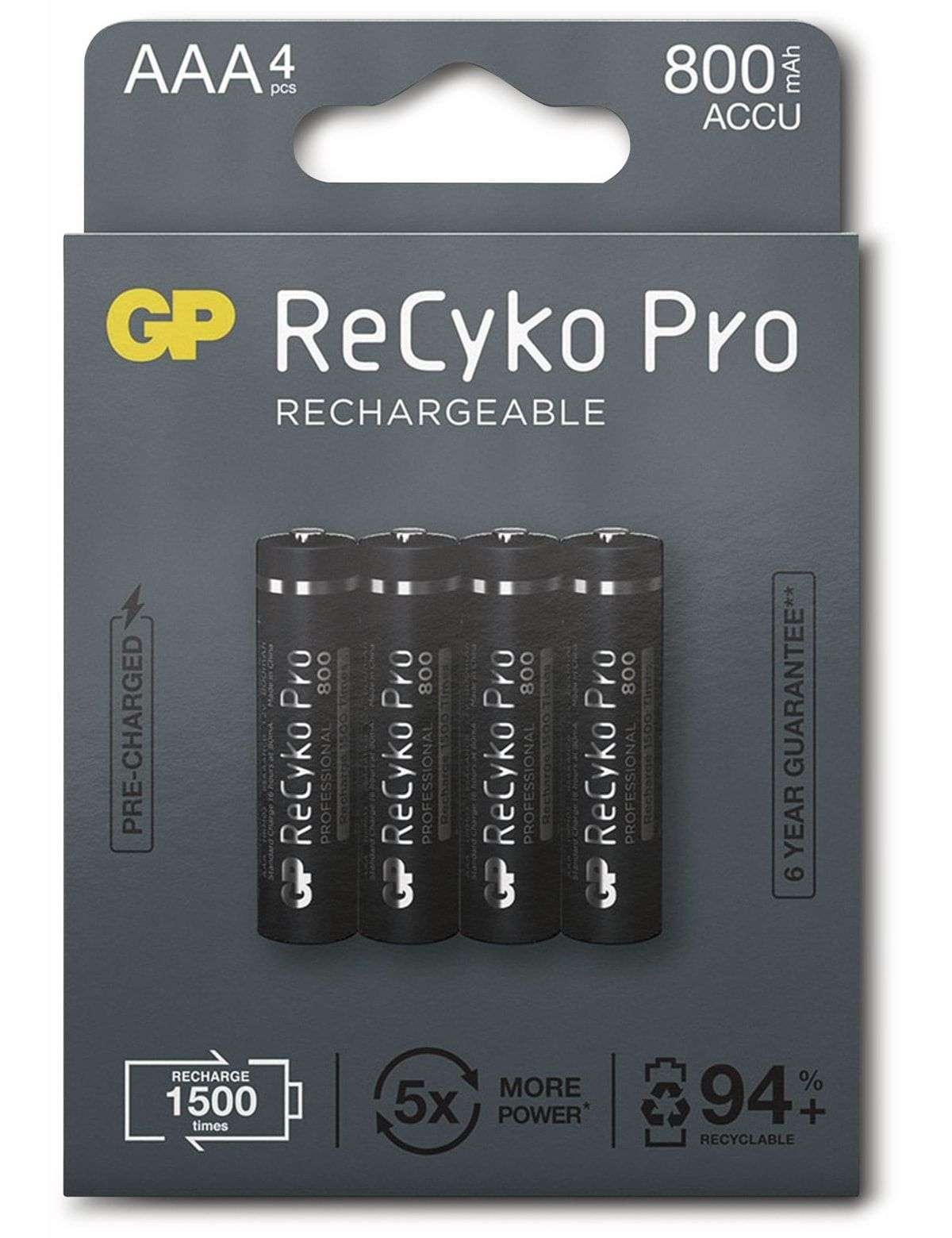 Pack of four AAA rechargeable batteries in a grey and black box.  Brand is GP ReCyko Pro.