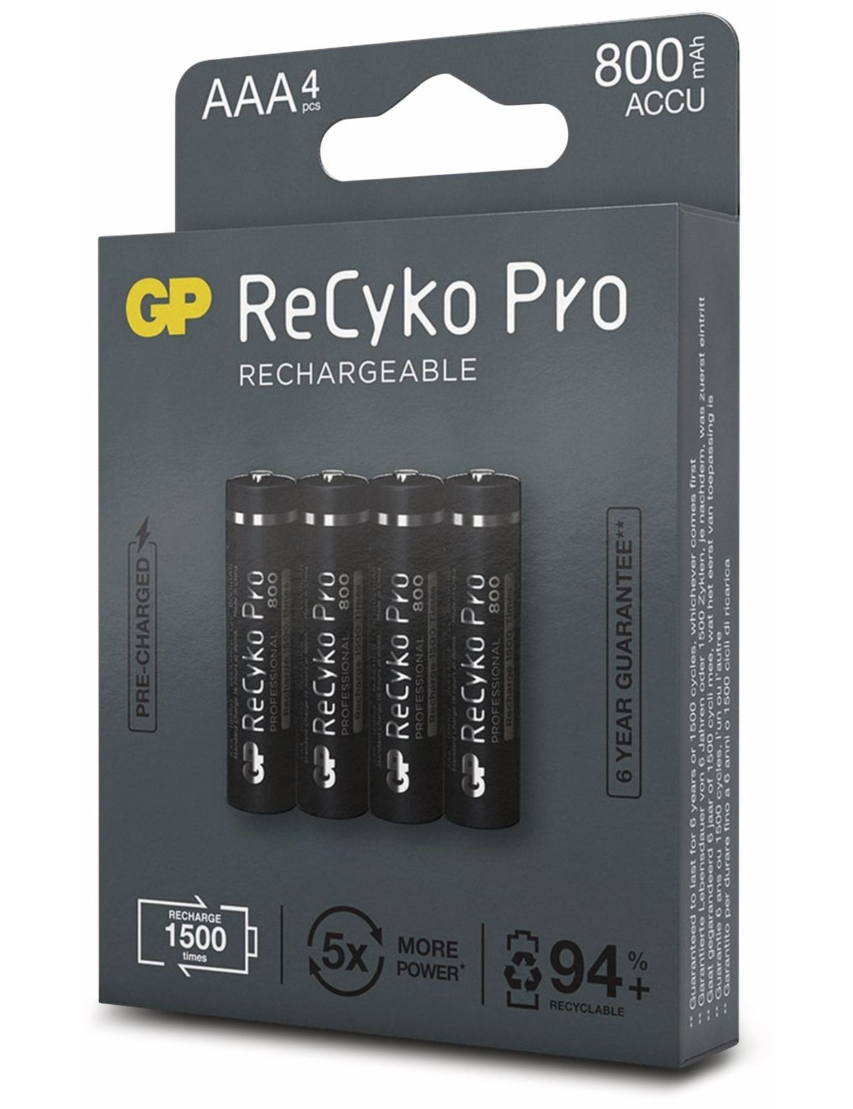 Package of rechargeable AAA batteries. Black batteries are in a gray box with branding and text.
