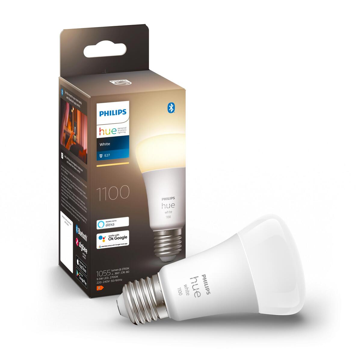 Żarówka Philips Hue z opakowaniem, pokazująca białą żarówkę i pudełko.
