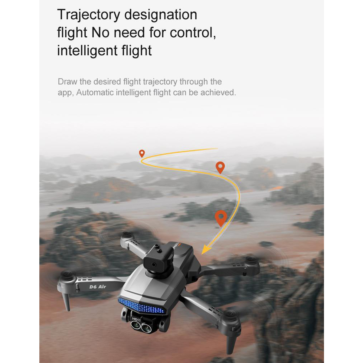Eine Drohne im Flug mit einer gebogenen Flugbahn, die durch orangefarbene Markierungen dargestellt wird, und Text über intelligentes Fliegen.
