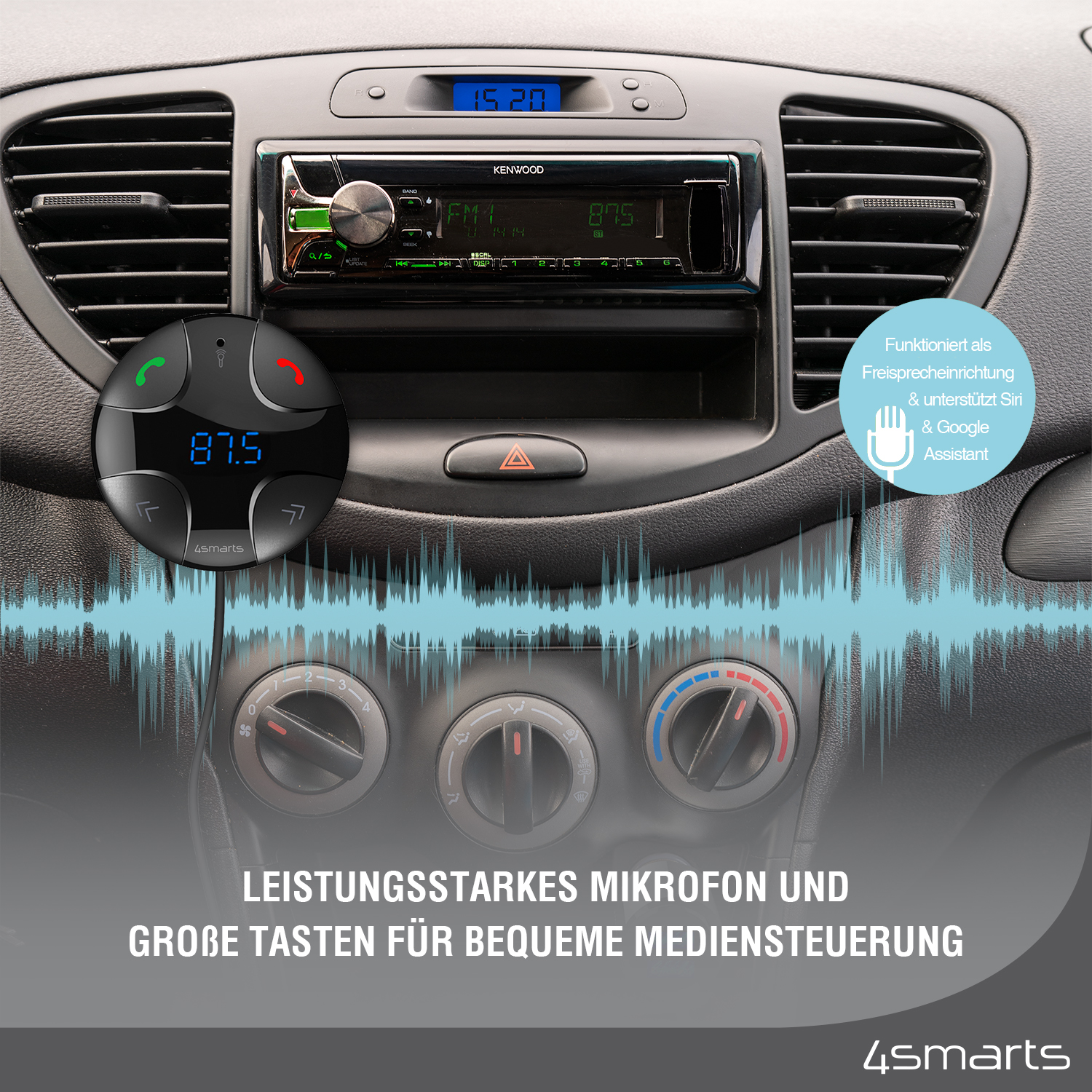 FM FM-Transmitter 4SMARTS KFZ Ladegerät Multimedia-In, Bluetooth Transmitter DashRemote Freisprechfunktion, mit