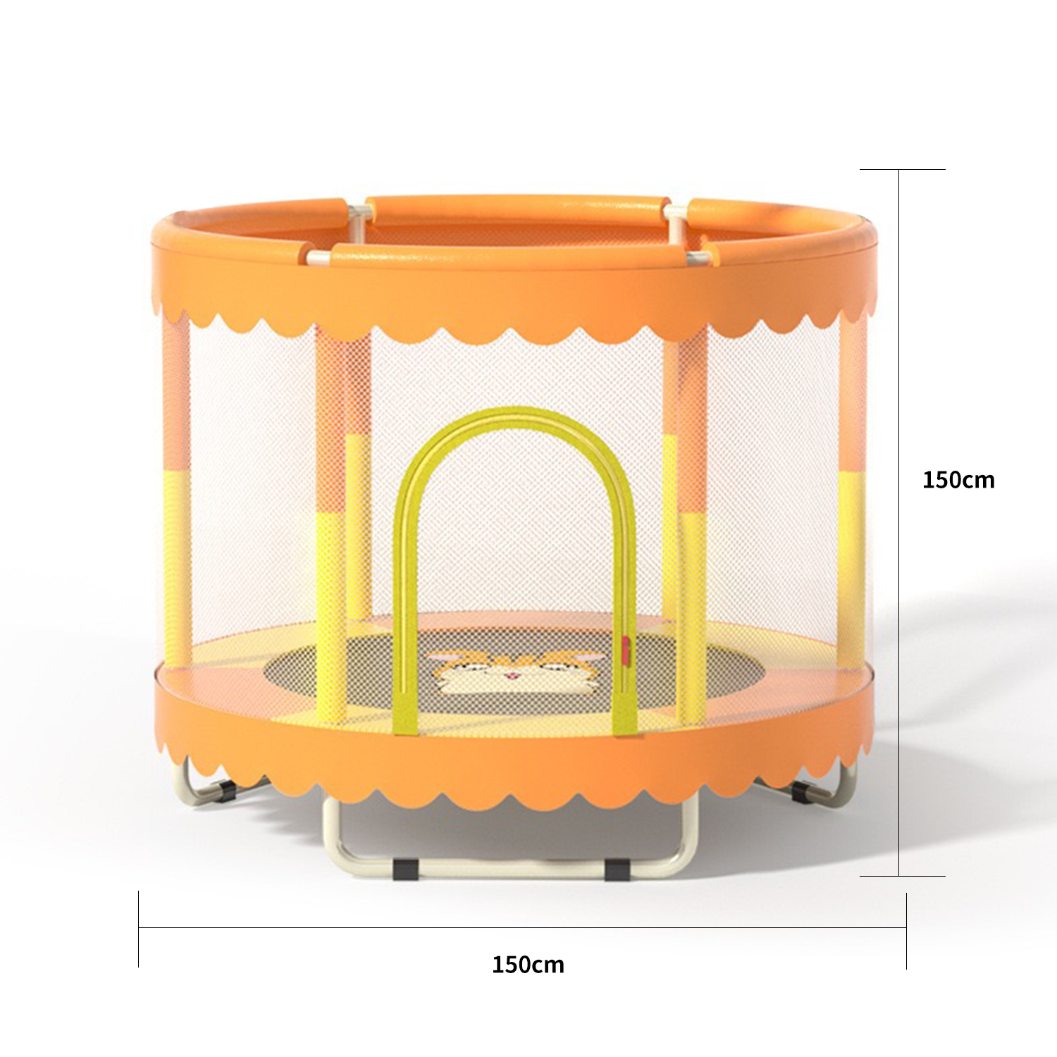 Un trampolín infantil naranja y blanco con red de seguridad y dimensiones mostradas.