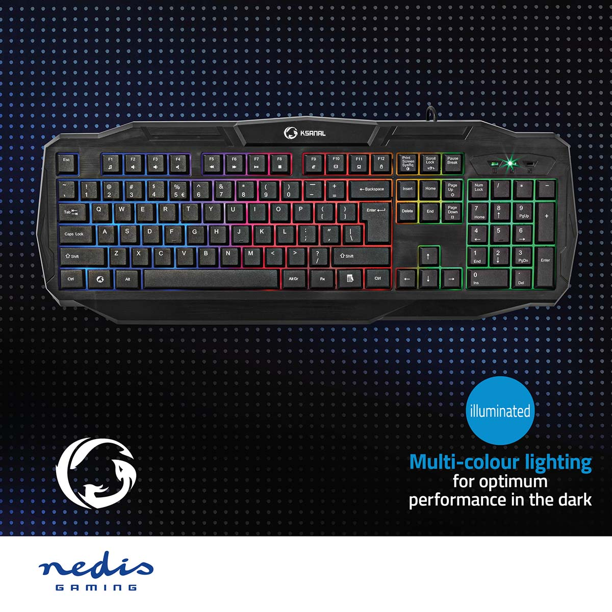 Schwarze Gaming-Tastatur mit mehrfarbiger Beleuchtung. Die Tasten haben verschiedene Farben.