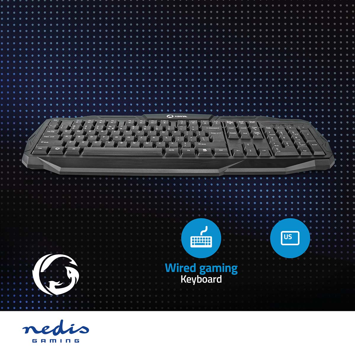 Schwarze kabelgebundene Gaming-Tastatur mit Logos, Text und Symbolen auf blauem Grund.