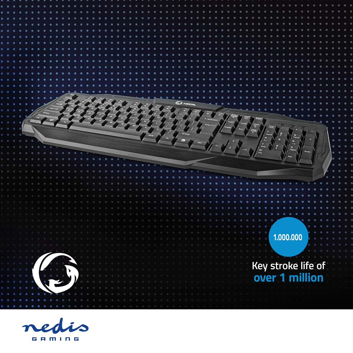 Eine schwarze Tastatur mit weißen Buchstaben. Ein blauer Kreis hat Text über die Lebensdauer.