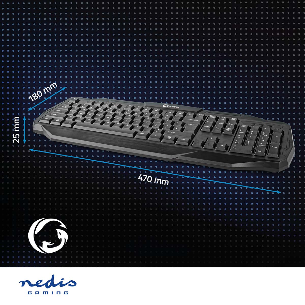 Schwarze Gaming-Tastatur mit Abmessungen. Die Maße sind 25 mm, 180 mm und 470 mm.