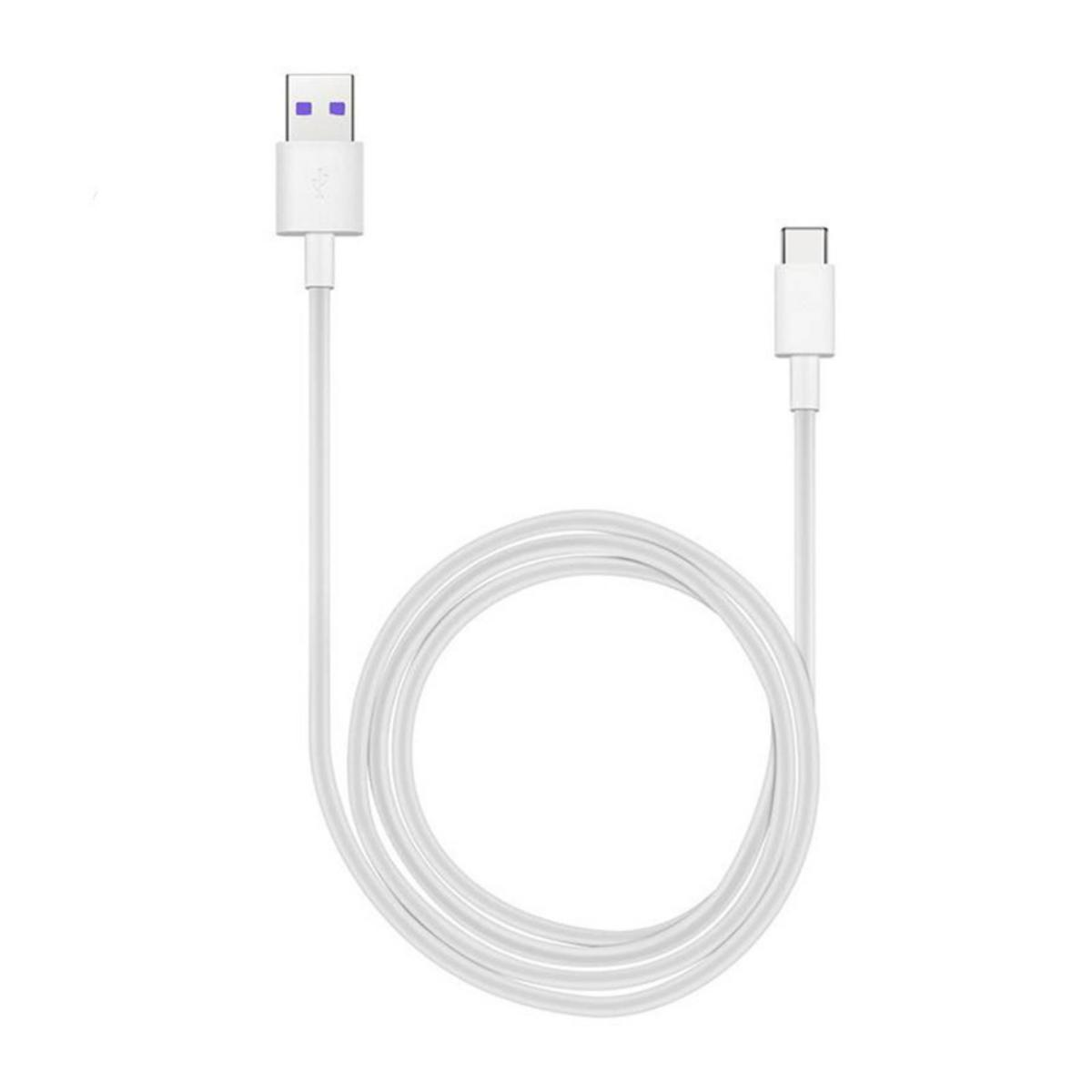 Weißes USB-zu-USB-C-Kabel. Zwei Stecker. Weißer Hintergrund.