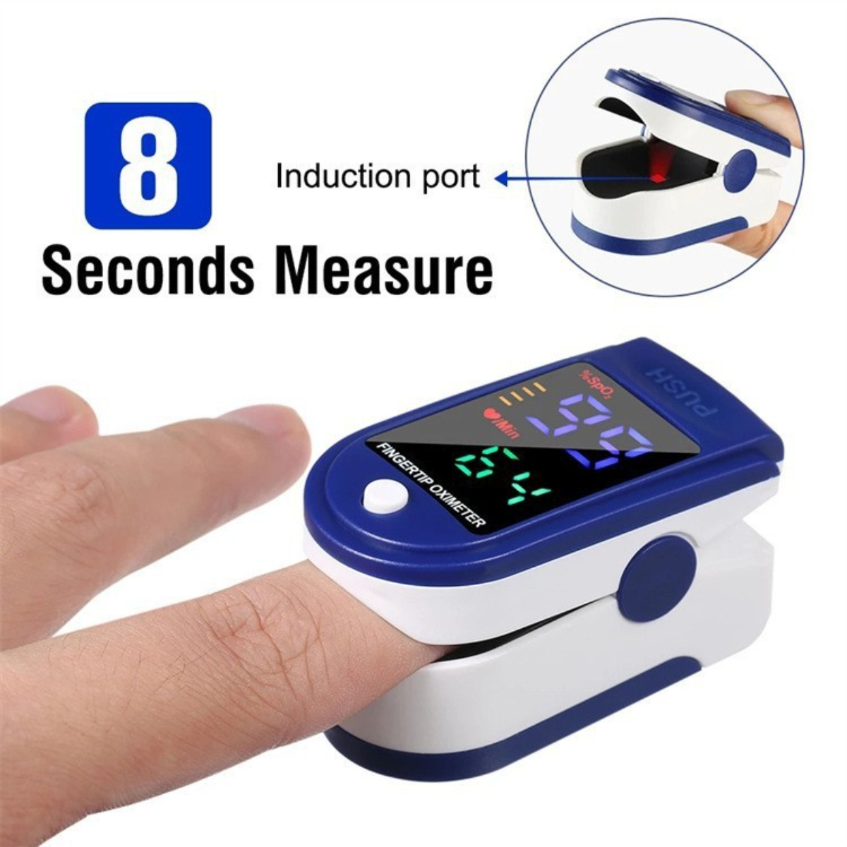 Finger mit angebrachtem Oximeter, das SpO2- und BPM-Werte auf einem blauen Bildschirm anzeigt.