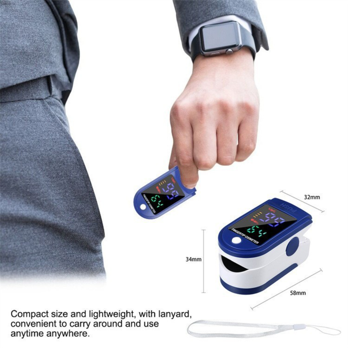 Zwei Fingertip-Pulsoximeter mit Anzeigen, eines in der Hand, Text und Messwerte.