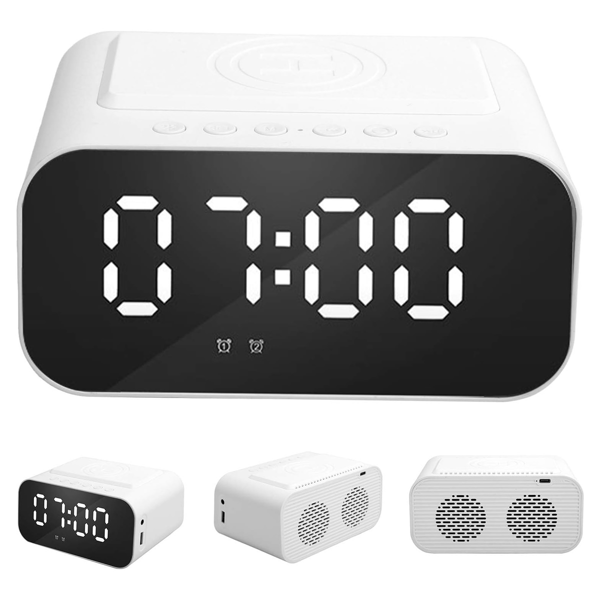 Ein weißer digitaler Wecker mit der Anzeige '07:00'. Er hat einen Bildschirm und drei kleine Modelle darunter.