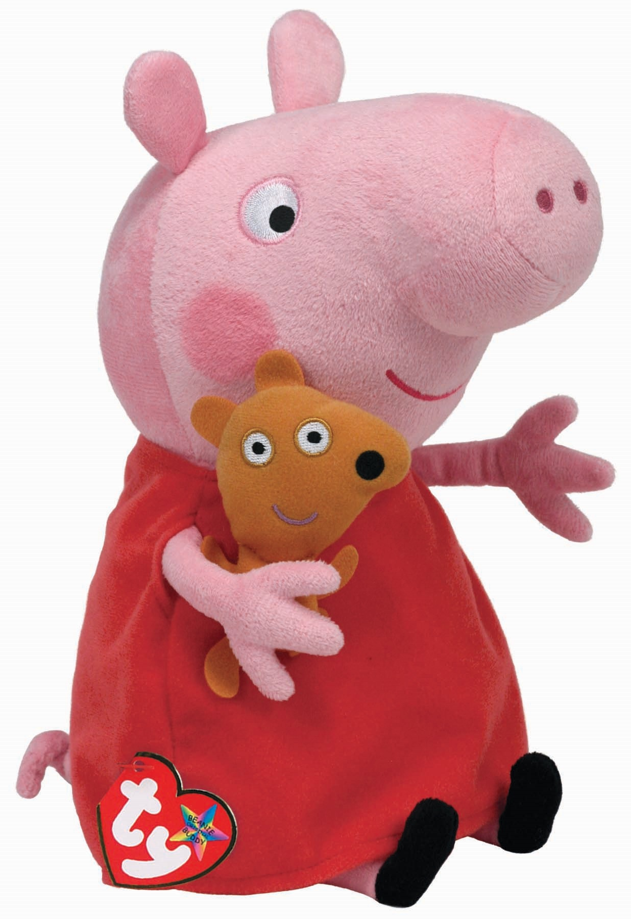 Rosa Peppa Wutz Plüschtier hält ein braunes Bären-Plüschtier. Auf weißem Hintergrund.