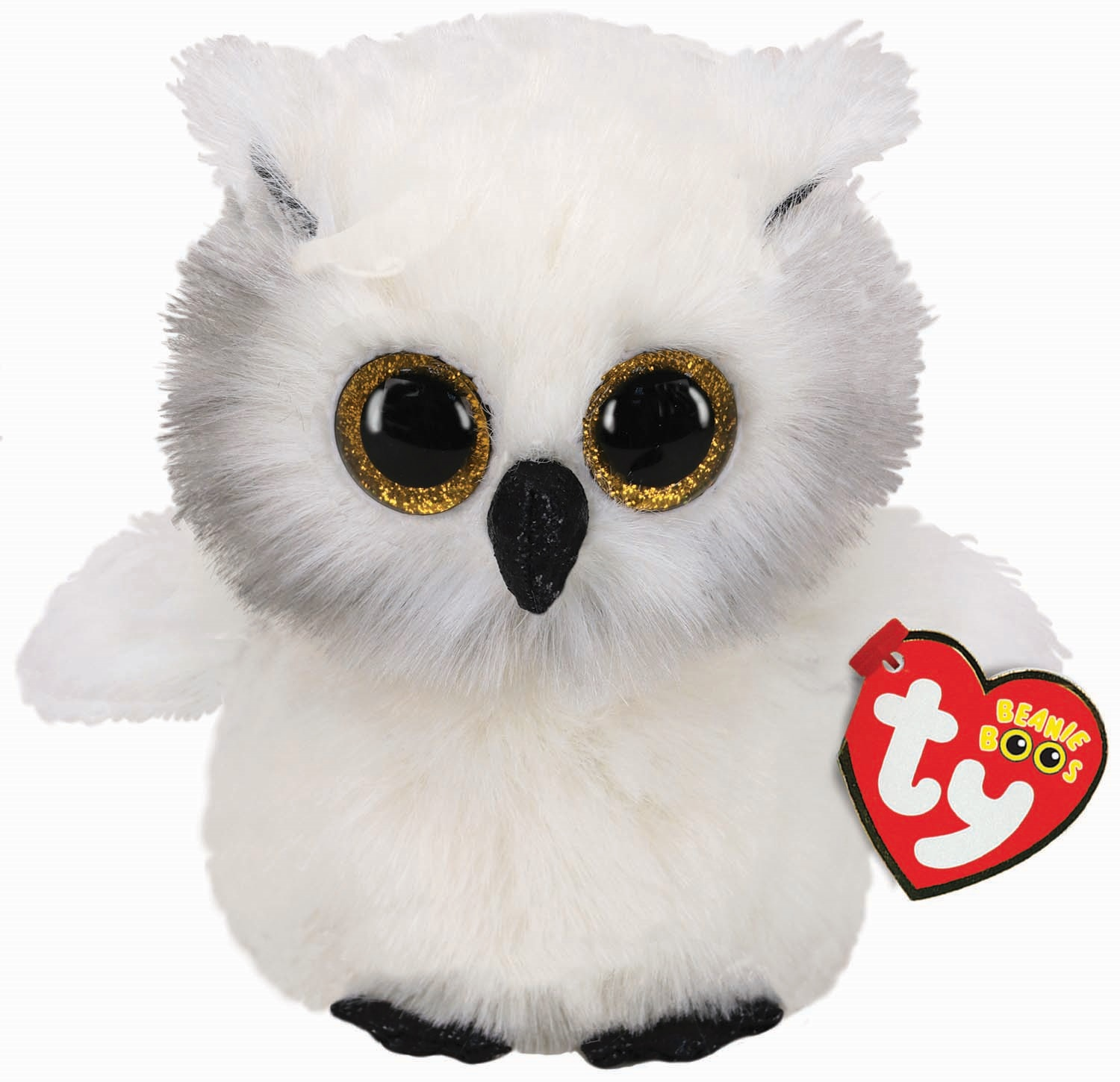 Ein weißes Eulen-Plüschtier. Es hat große goldene Augen und ein rotes Etikett mit Beanie Boos.