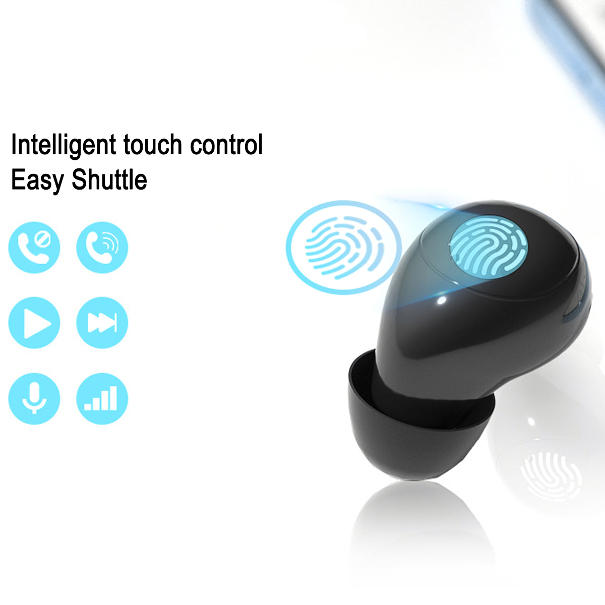 Schwarzer kabelloser Ohrhörer mit Touch-Steuerung und Fingerabdruck-Symbol. Das Bild zeigt auch Symbole für Telefonanrufe und Musiksteuerung.