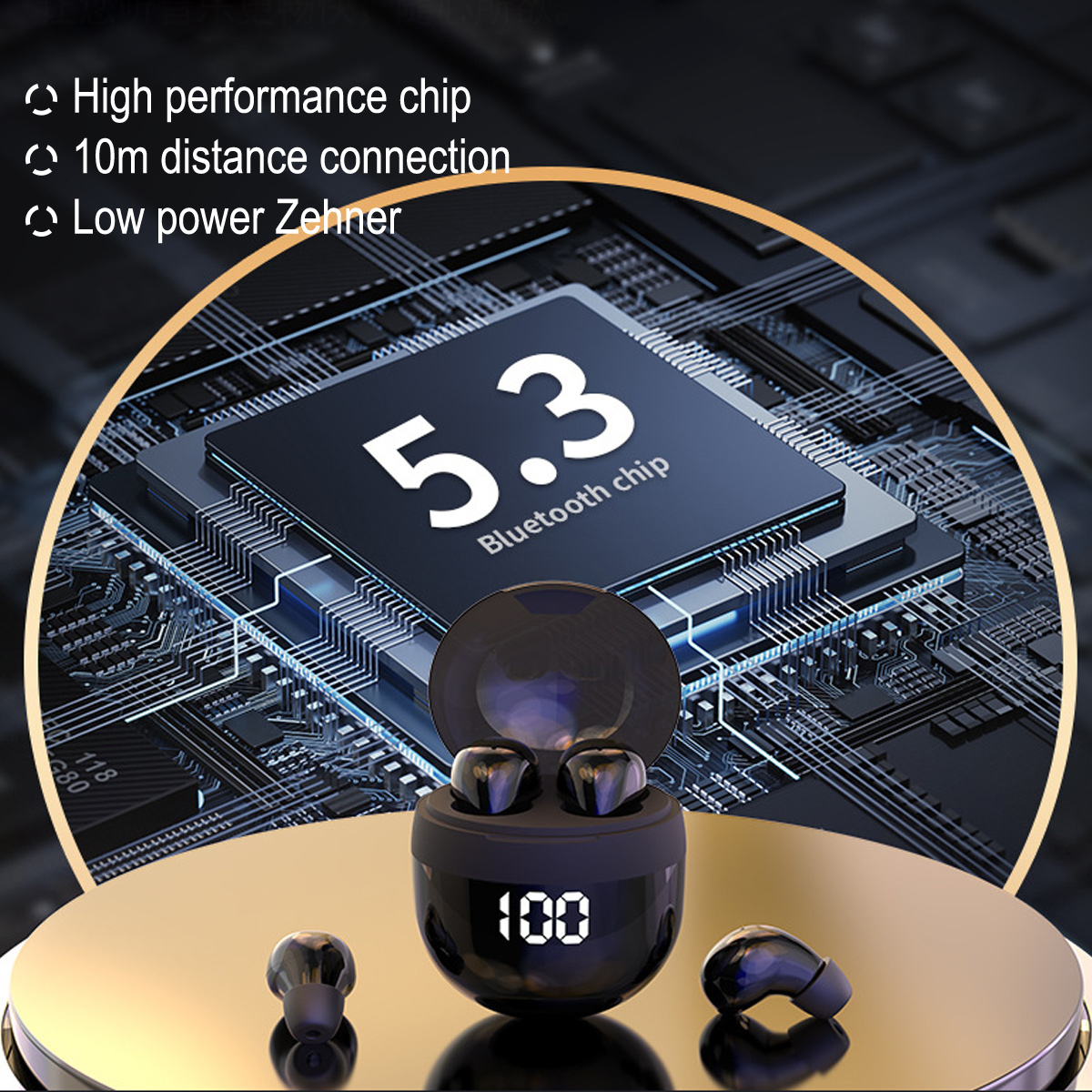 Schwarze kabellose Ohrhörer in einem Ladeetui mit digitaler Anzeige. Ein Chip mit '5.3 Bluetooth Chip' ist dahinter. Text: Hochleistungschip.