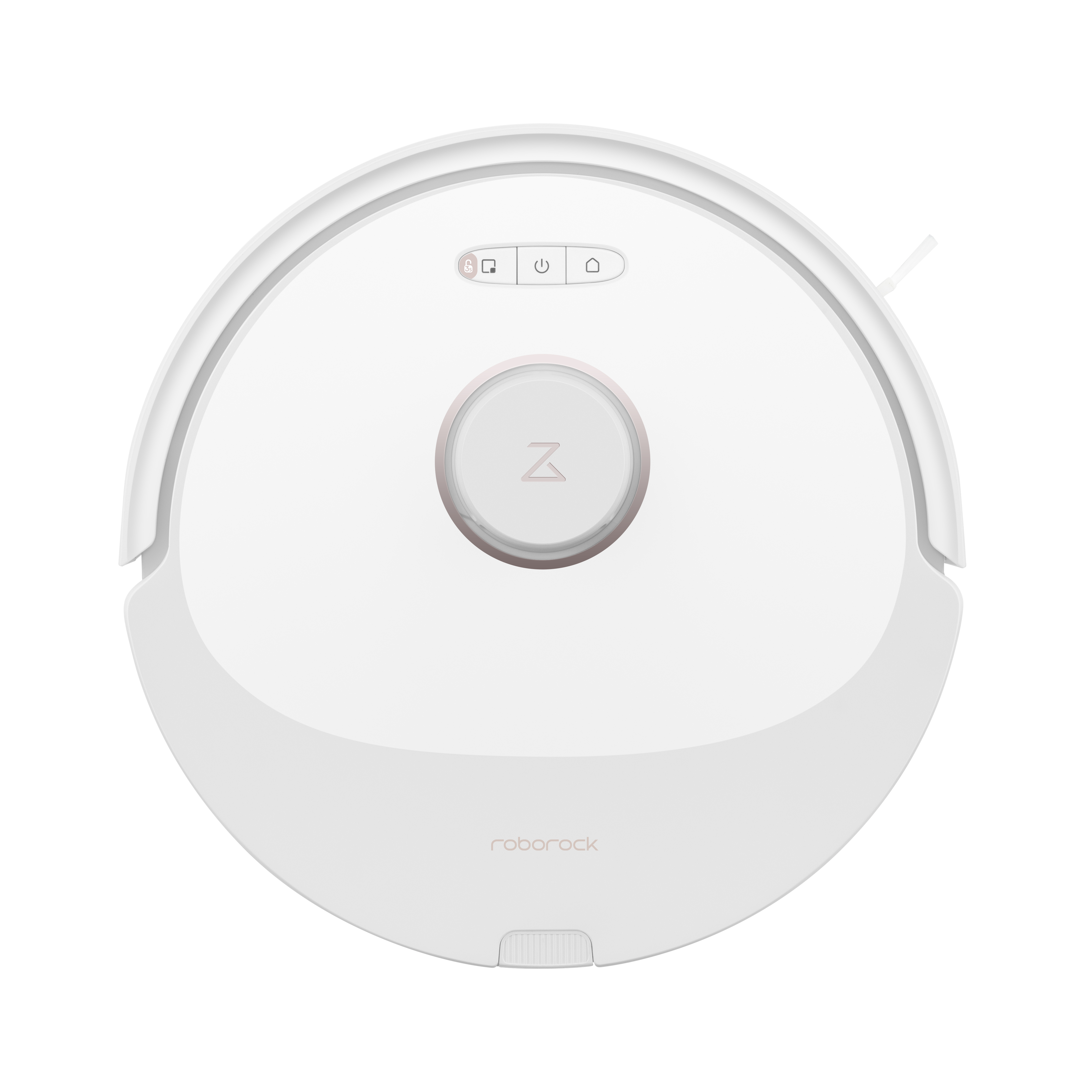 Biały okrągły odkurzacz robot z przyciskami na górze. Jest na białym tle.