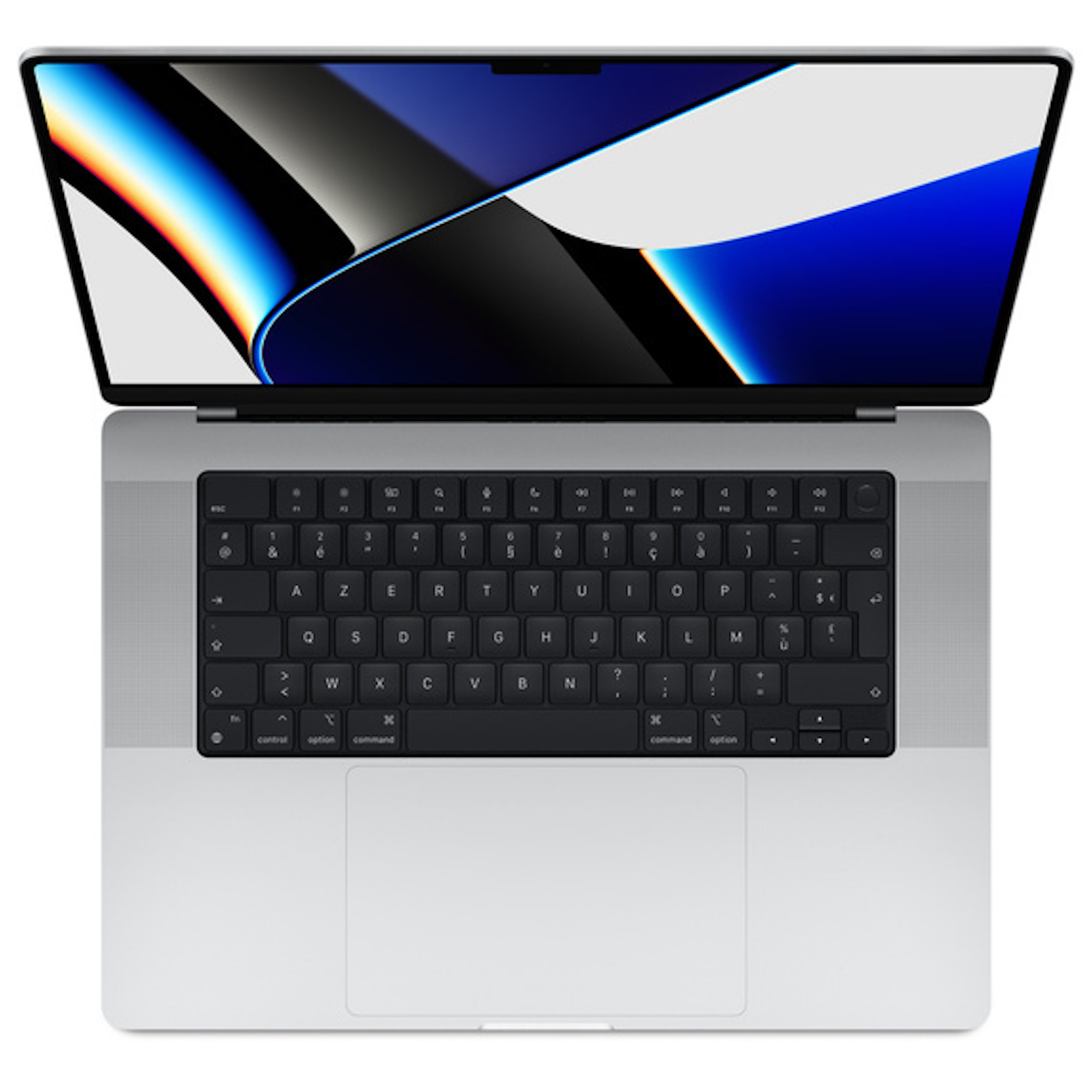 Portátil desde arriba. La pantalla está abierta, mostrando una imagen azul y blanca. Teclado negro.