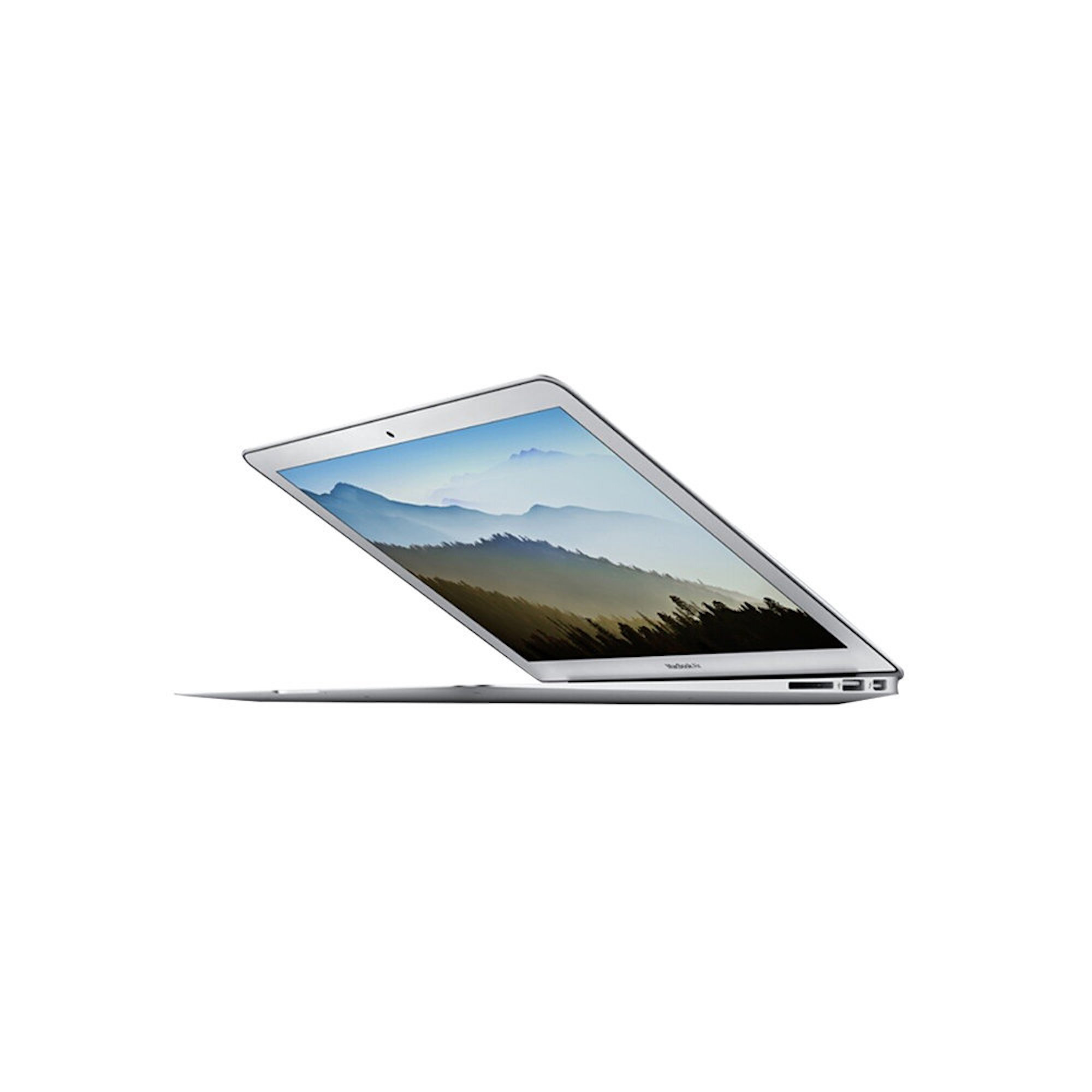 Ein silberner Laptop, leicht geöffnet, nach rechts abgewinkelt, vor weißem Hintergrund. Es hat einen schwarzen Bildschirm.