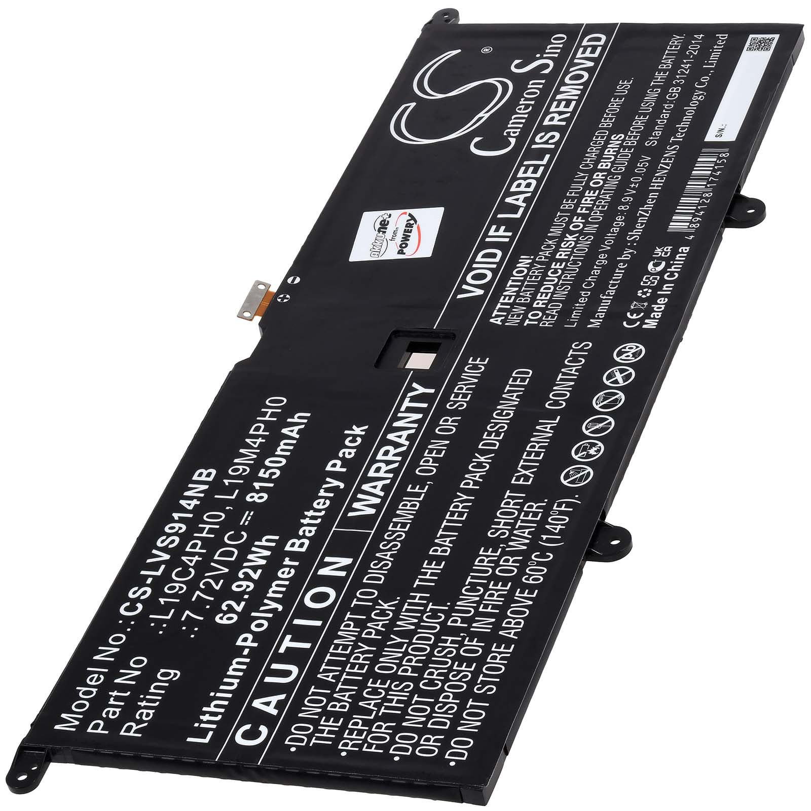 Schwarzer Laptop-Akku mit Etiketten. Enthält Text und Grafiken auf schwarzer Oberfläche.