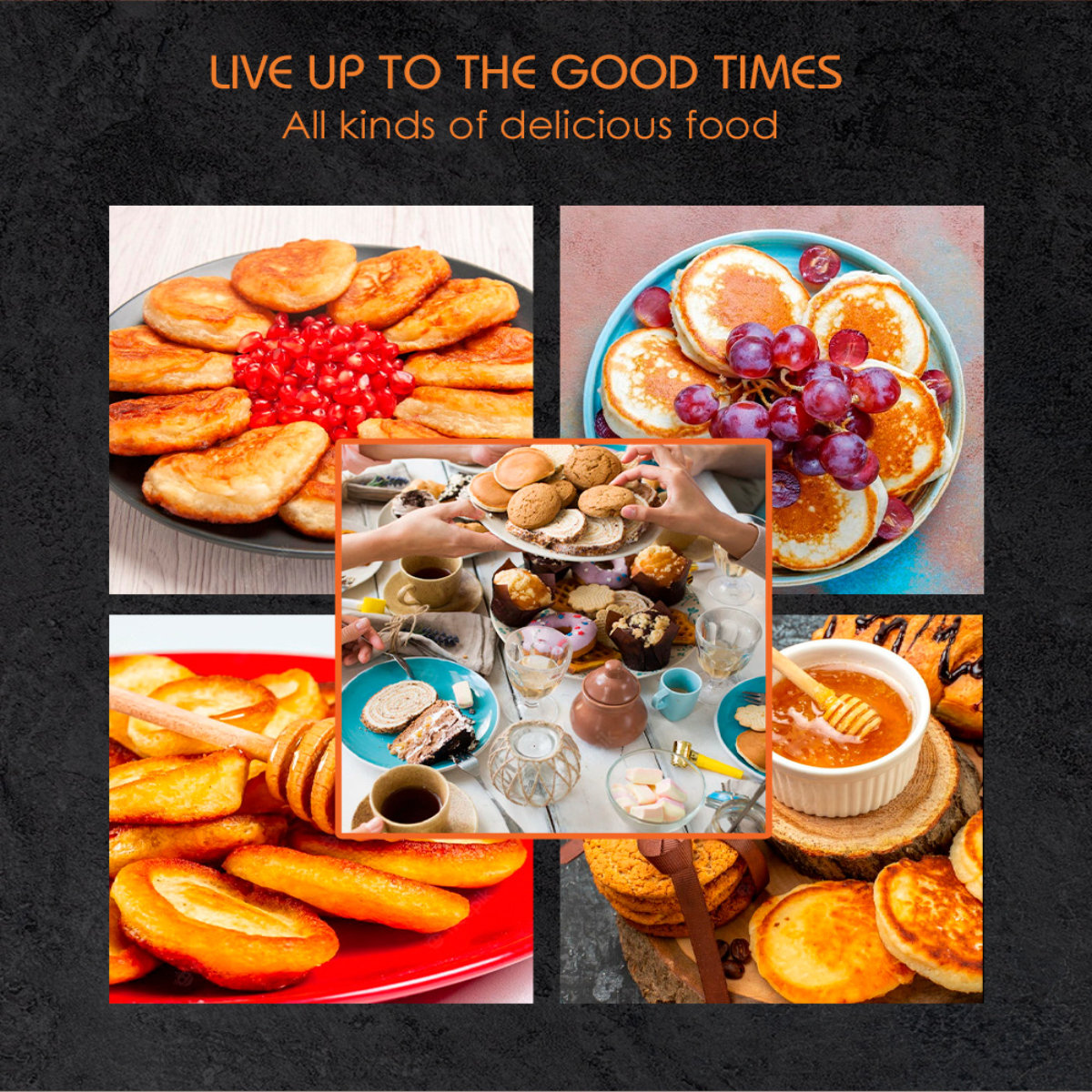 Un collage de platos de comida, incluyendo panqueques, postres y platos salados, sobre un fondo oscuro.