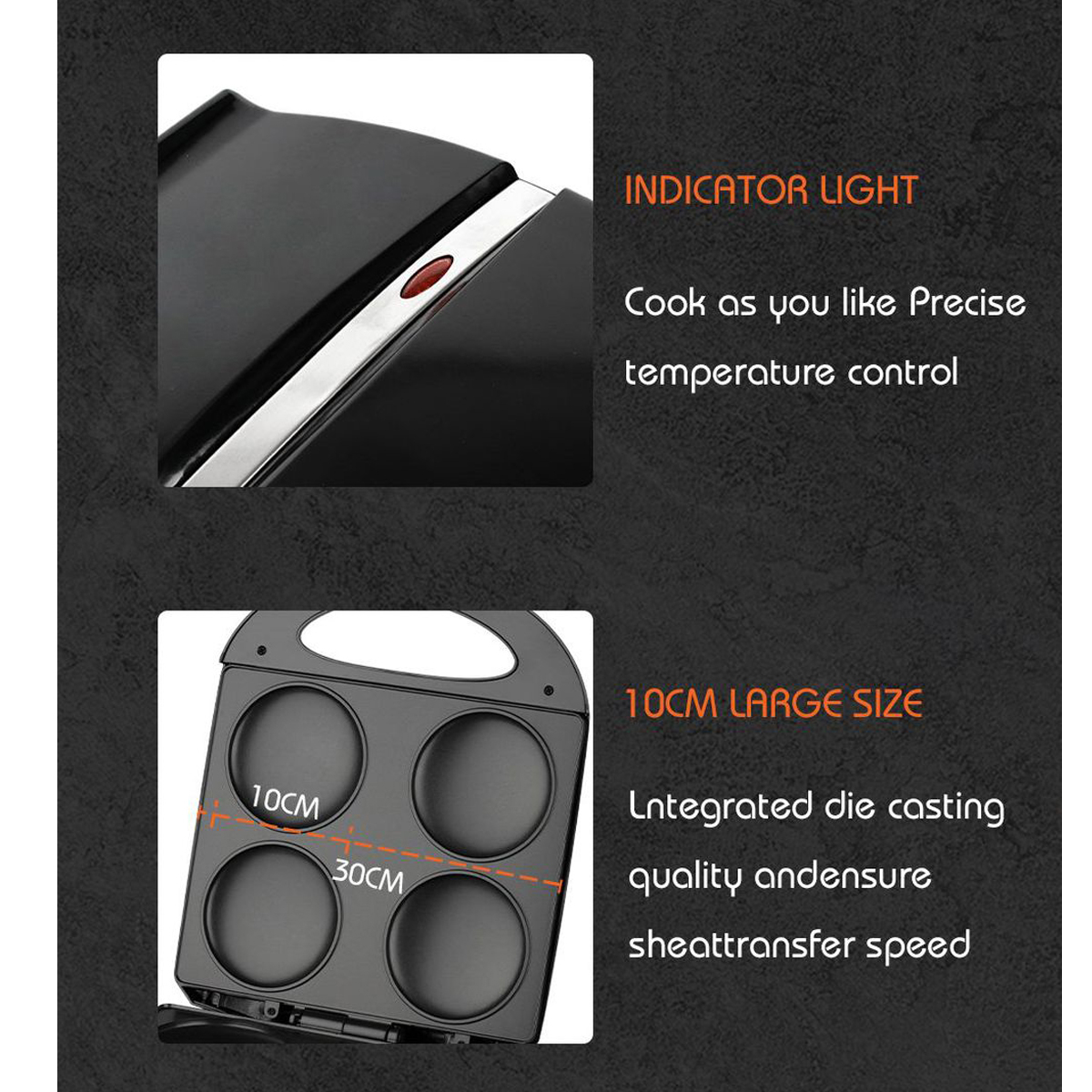 Arriba: luz indicadora. Abajo: máquina para hacer panqueques con 4 moldes circulares, texto 10cm, 30cm.