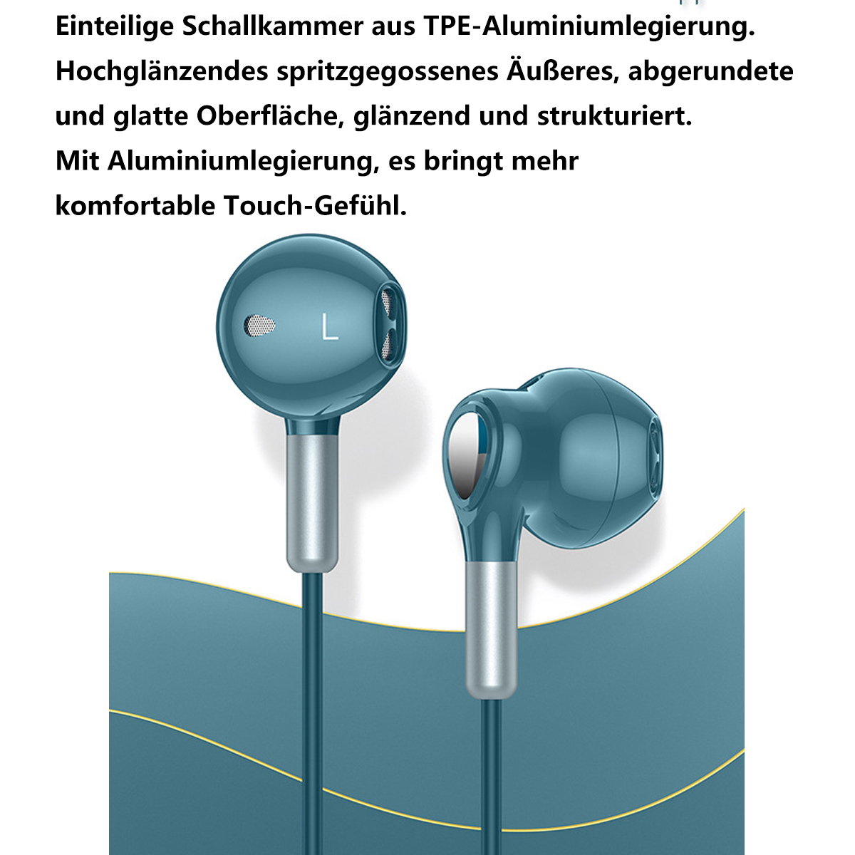 Zwei blaue In-Ear-Kopfhörer mit silbernen Akzenten auf blauem Hintergrund.