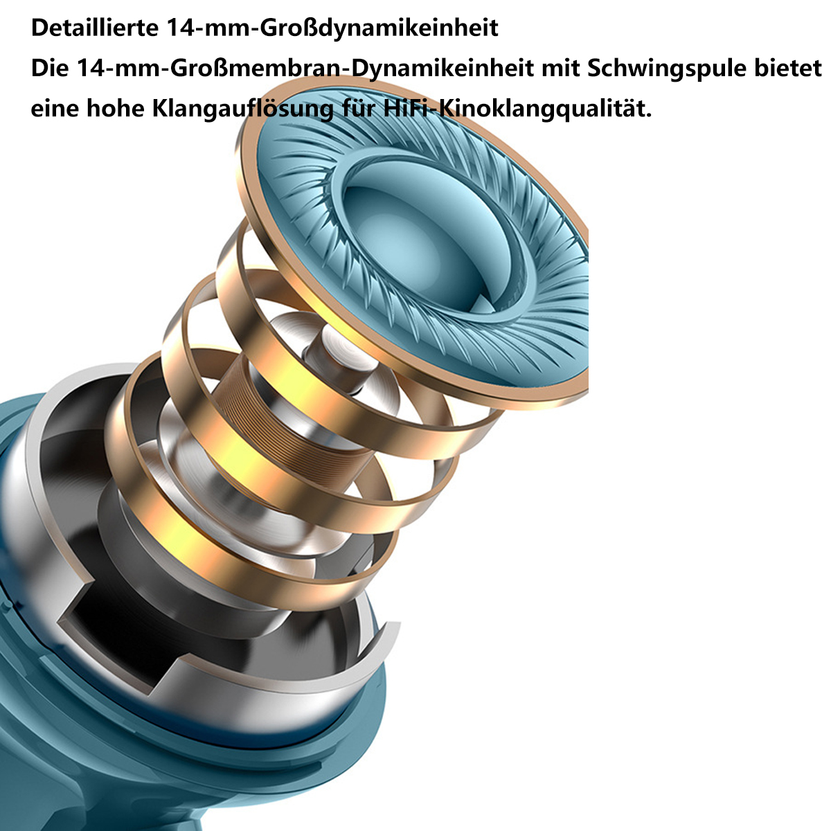 Nahaufnahme von Kopfhörerkomponenten: blau, gold und metallisch, Details.