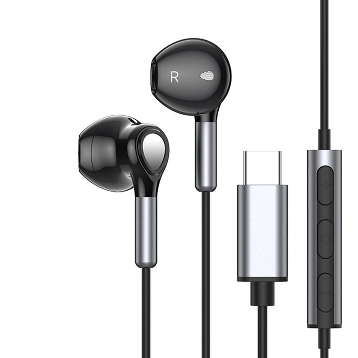 Schwarze Ohrhörer mit USB-C-Anschluss und Bedienfeld.