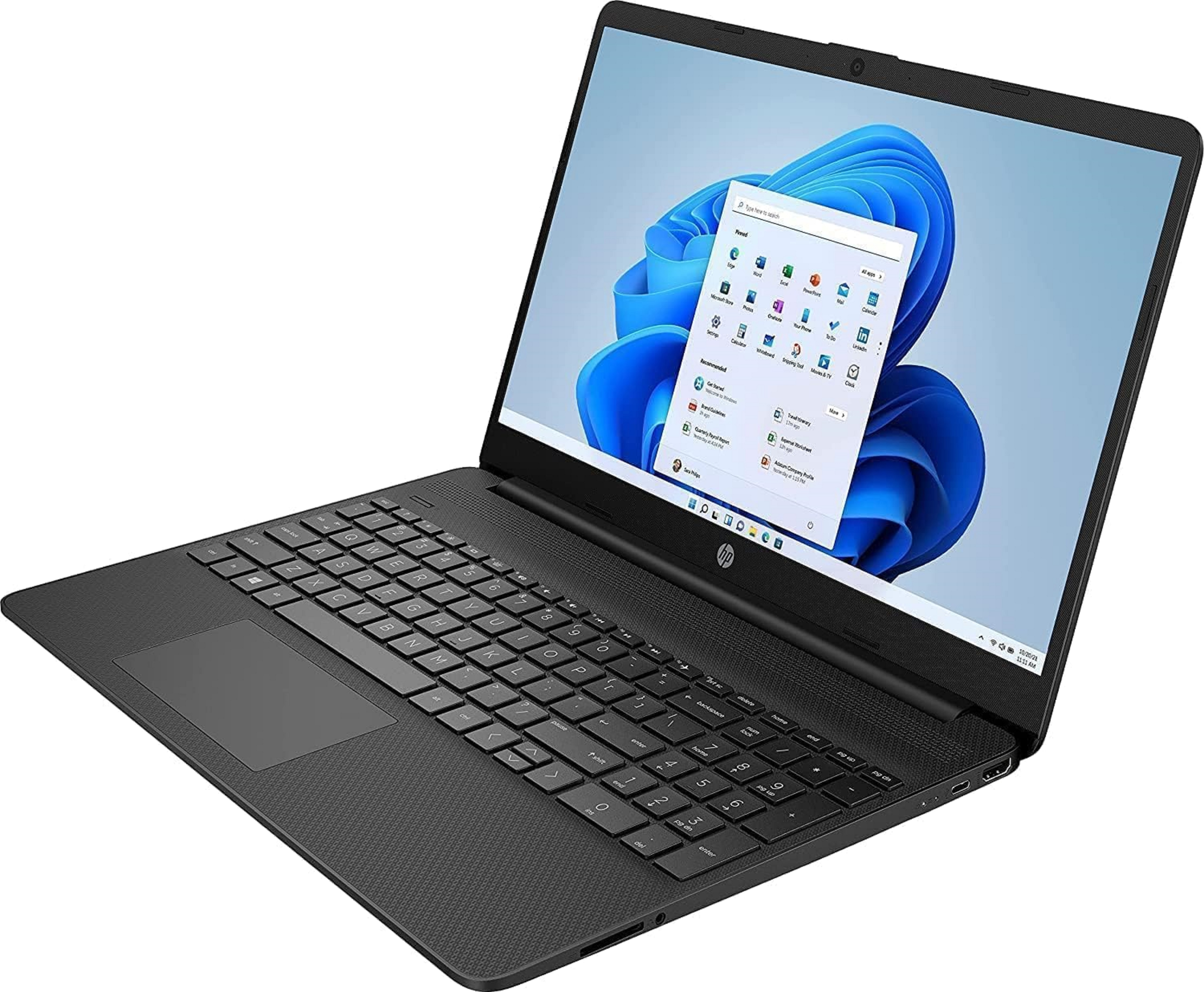 Schwarzer Laptop mit geöffnetem Bildschirm, der die Windows 11-Oberfläche anzeigt. Weißer Hintergrund.