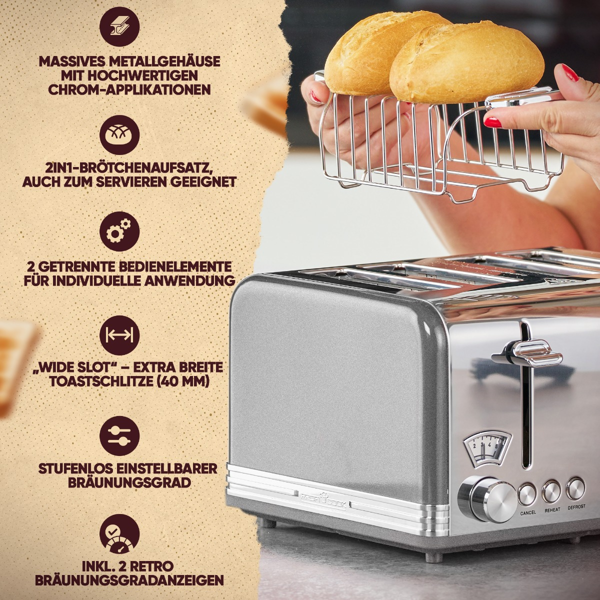 4) Watt, PC-TA 1194 Grau Schlitze: Toaster (1630 PROFICOOK