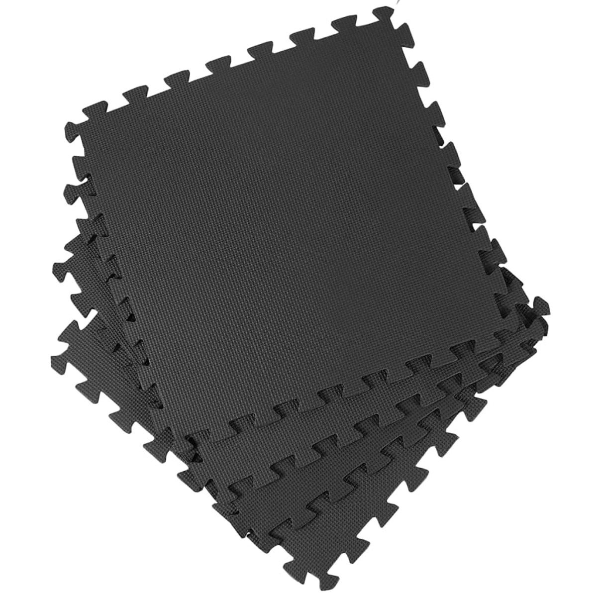 Schwarze, ineinandergreifende Schaumstoffmatten gestapelt. Die Ränder haben ein Puzzle-Design.