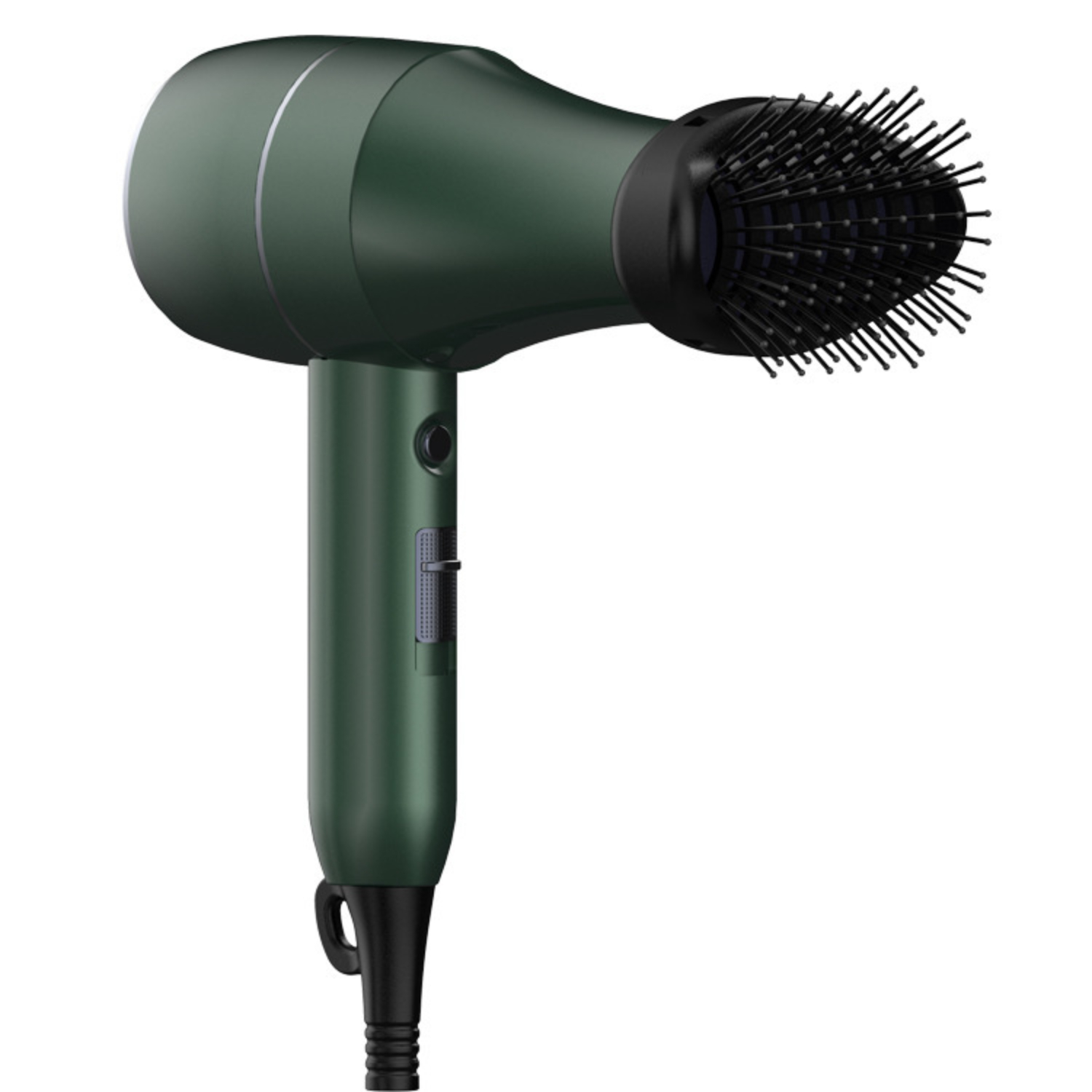 Secador de pelo verde con un accesorio de cepillo, aislado sobre un fondo blanco.