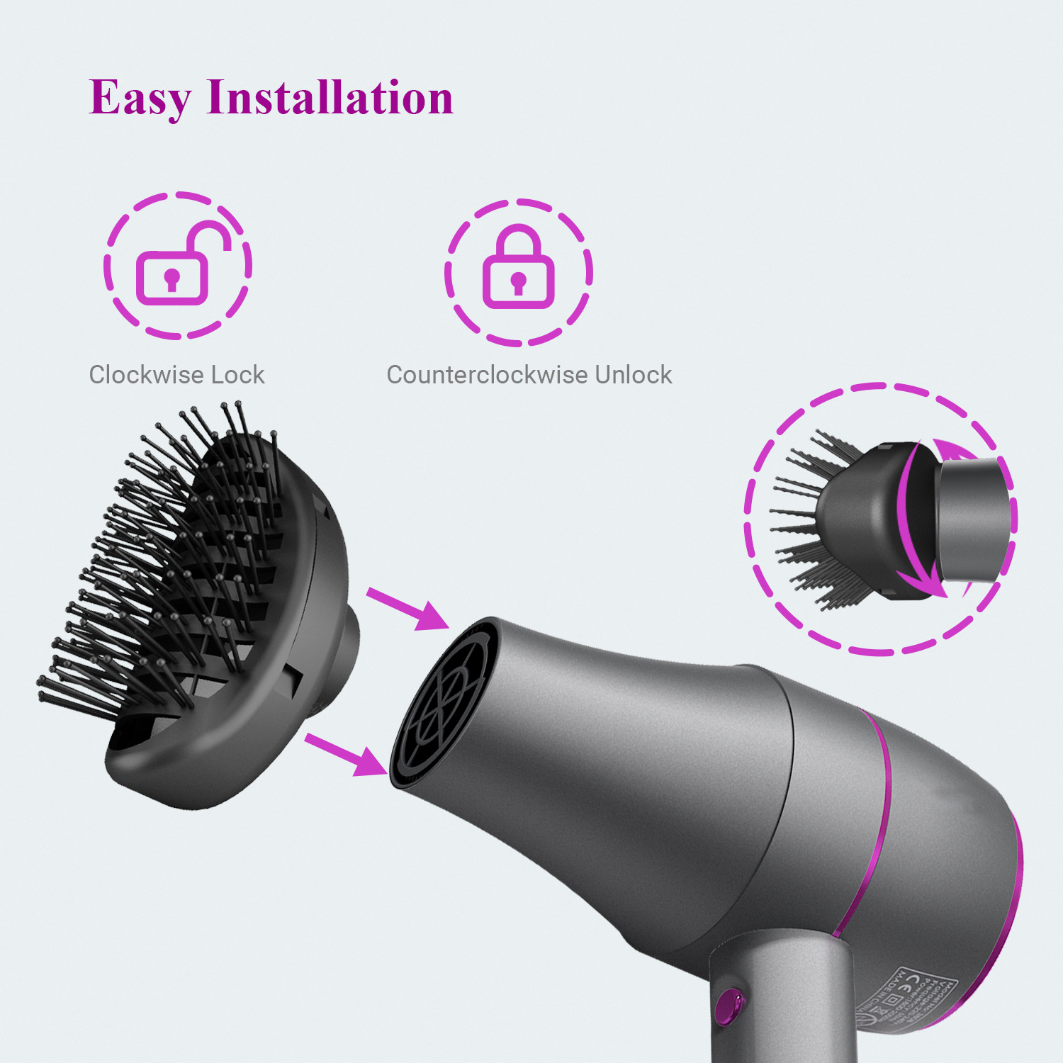 Diagrama de un secador de pelo con accesorios, mostrando cómo bloquearlos y desbloquearlos.