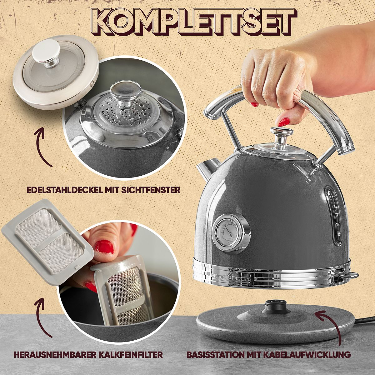 Zbliżenie szarego czajnika z detalami pokrywy, filtra i podstawy, wraz z tekstem i strzałkami.