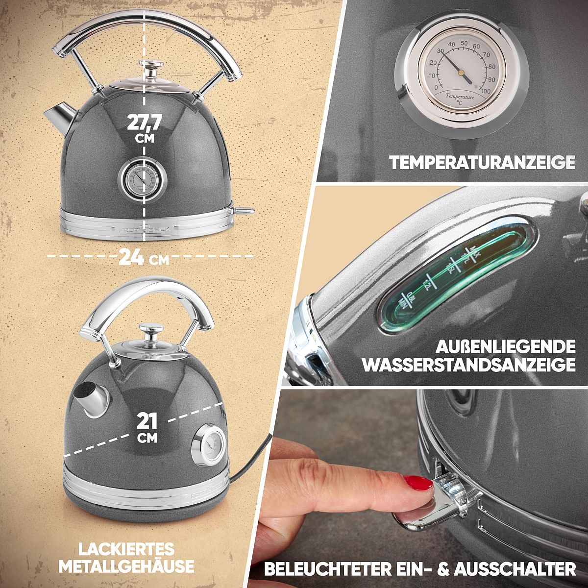 Szary czajnik z podanymi wymiarami i kilkoma szczegółami na temat jego funkcji.