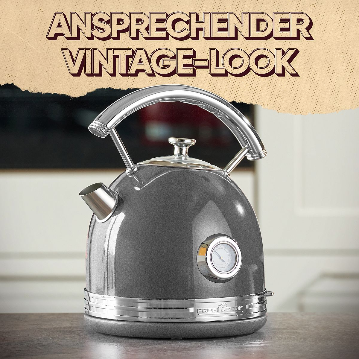 Szary czajnik w stylu retro ze stalowymi akcentami. Tekst: ANSPRECHENDER VINTAGE-LOOK.
