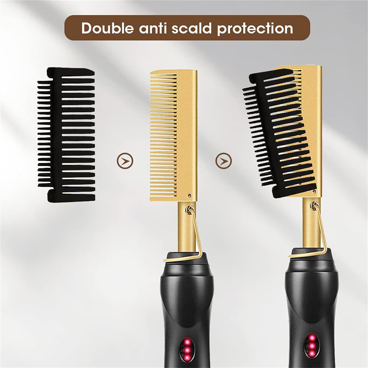 Tres planchas de pelo mostrando diferentes etapas. Doradas y negras con dientes de peine negros.