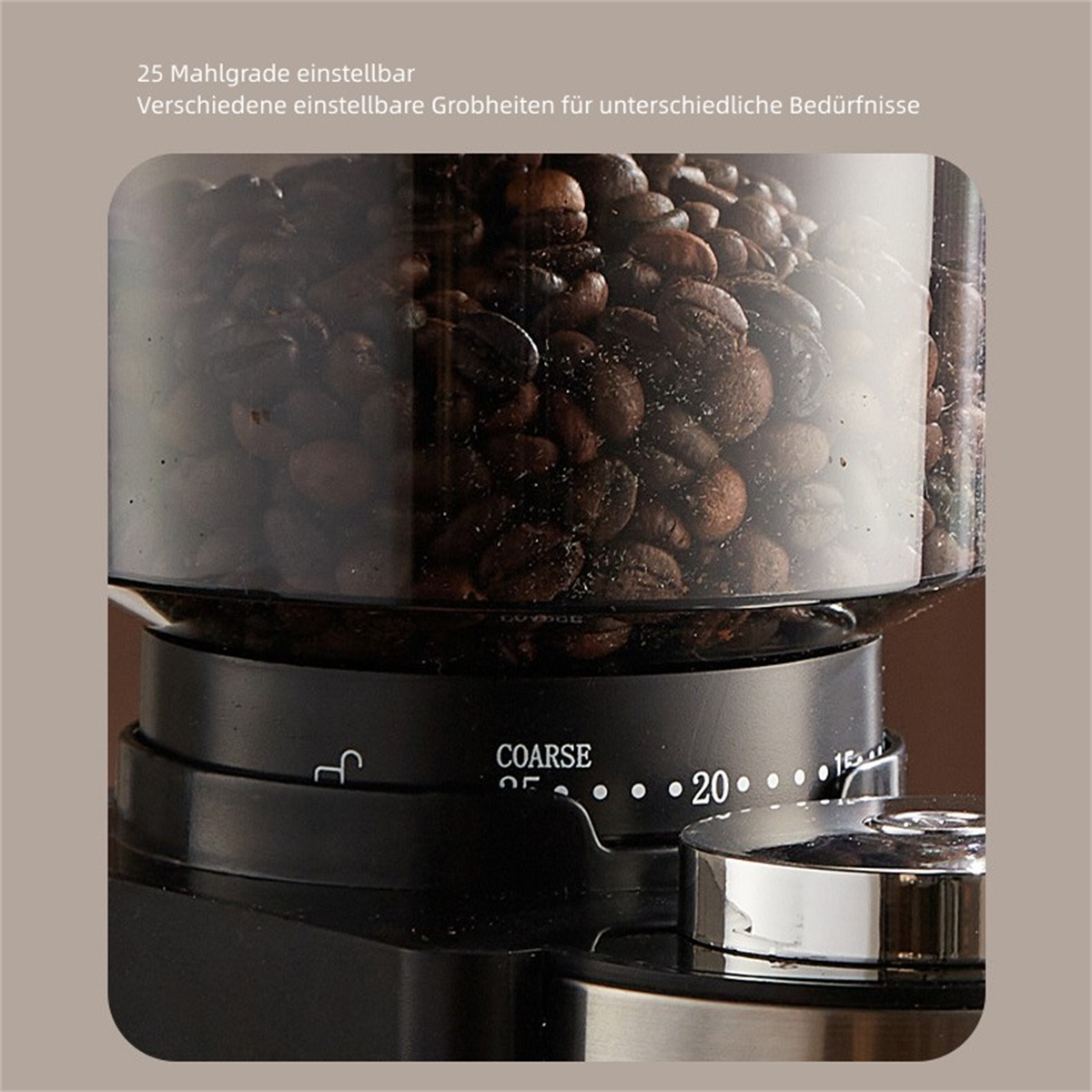 Un molinillo de café con granos de café visibles y ajustes de molienda.