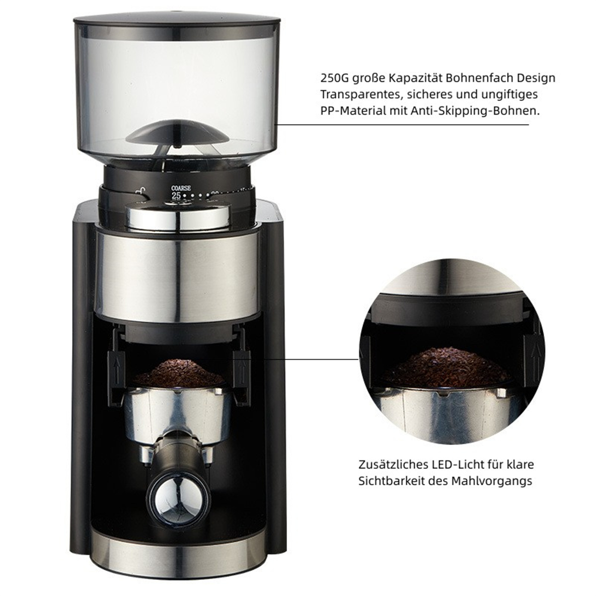 Un molinillo de café con un recipiente transparente para granos y componentes de acero inoxidable. Base negra.