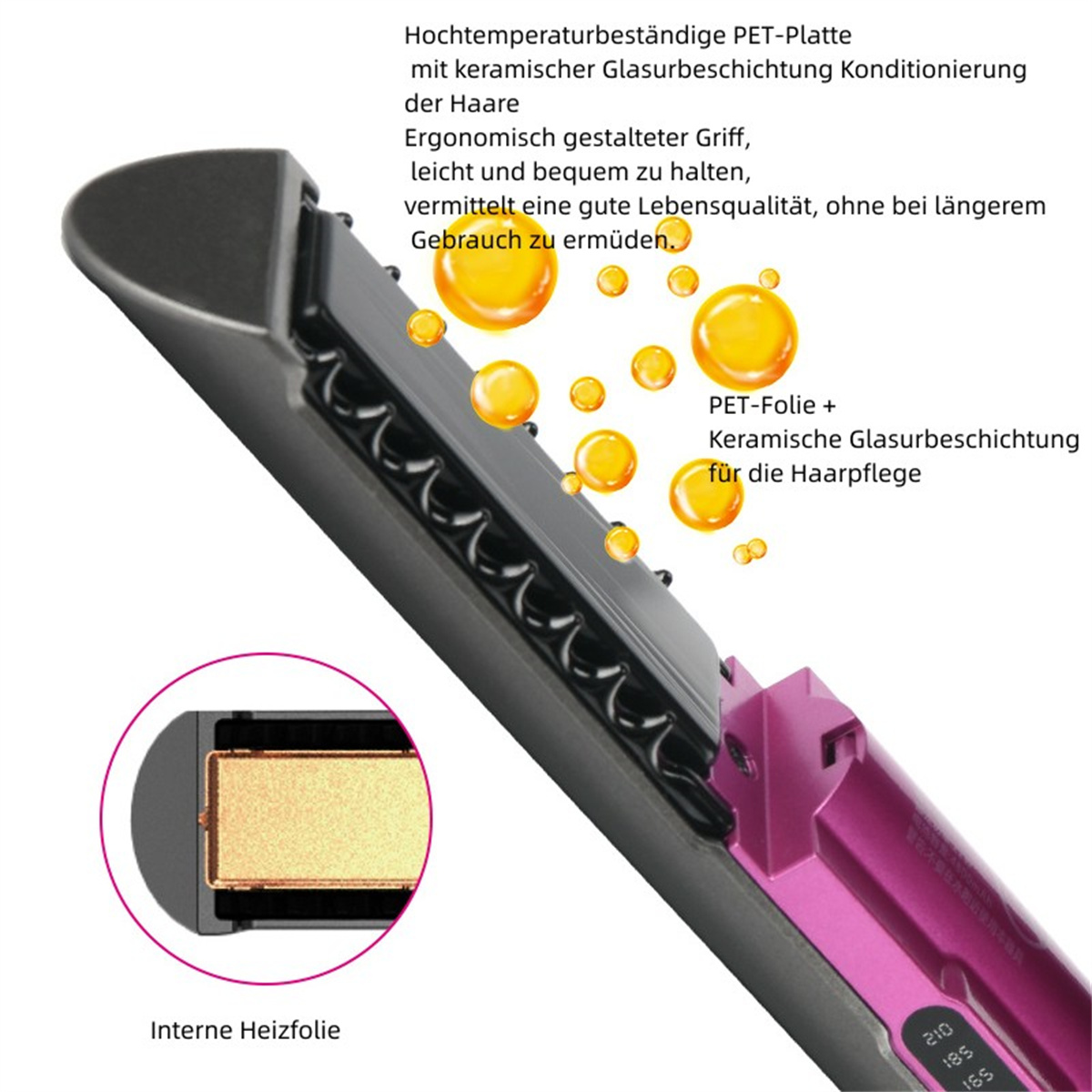 Primer plano de plancha para el cabello con etiquetas de texto. Muestra placas calefactoras, gotas de aceite y componentes.