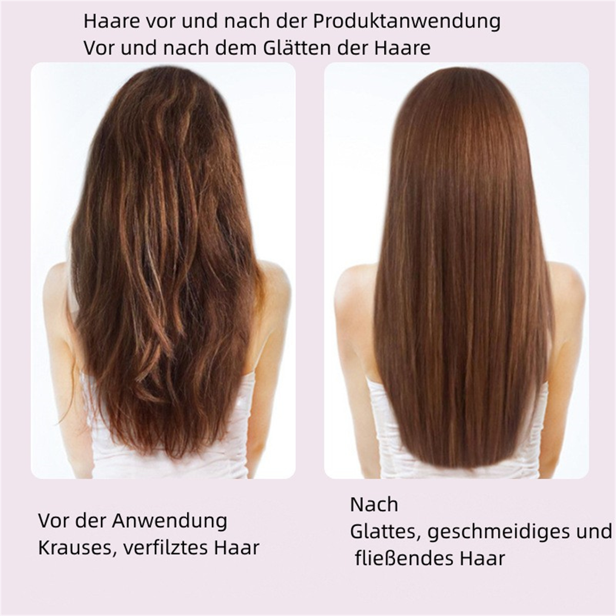 Dos imágenes de cabello: Antes (encrespado) y Después (liso) tratamiento, muestra efecto.
