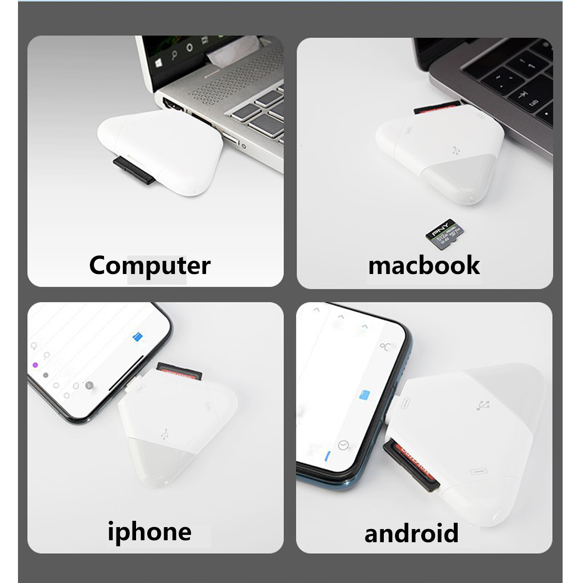 Cuatro imágenes que muestran un dispositivo blanco conectado a una computadora, MacBook, iPhone y teléfono Android.