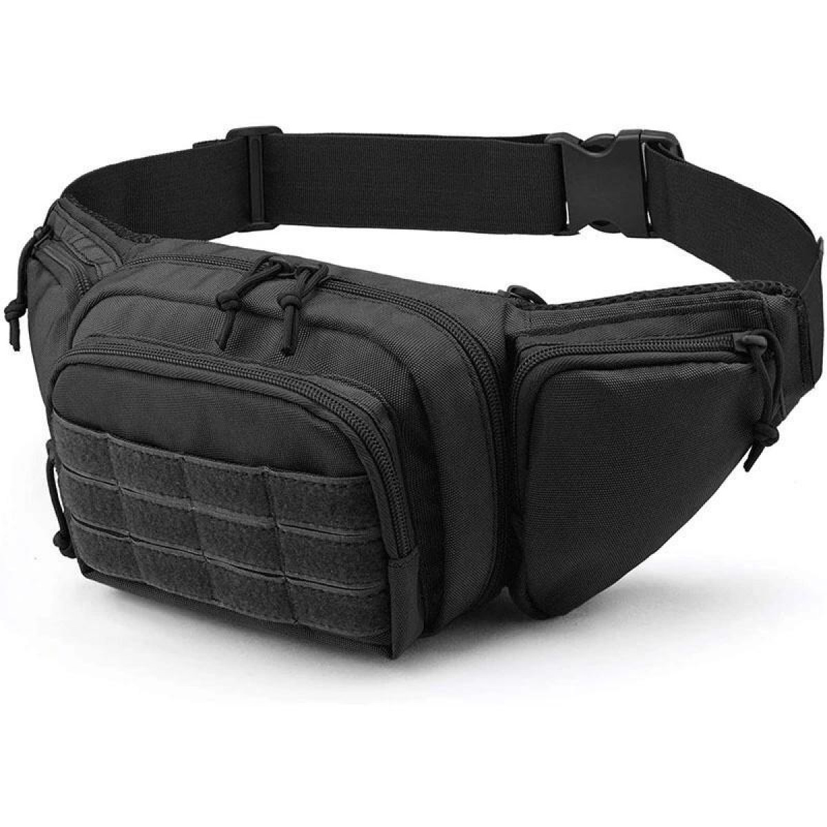 Schwarze Bauchtasche mit mehreren Taschen und einem Gürtel. Der Hintergrund ist weiß.