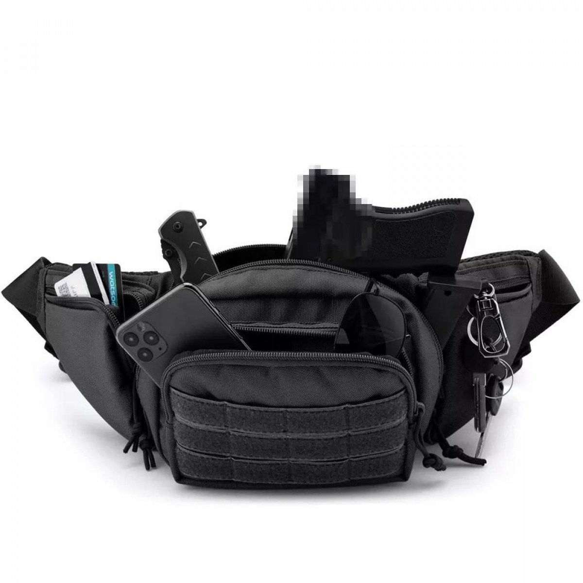 Eine schwarze Bauchtasche, geöffnet mit einer Pistole, Messer, Telefon, Sonnenbrille und Schlüssel.