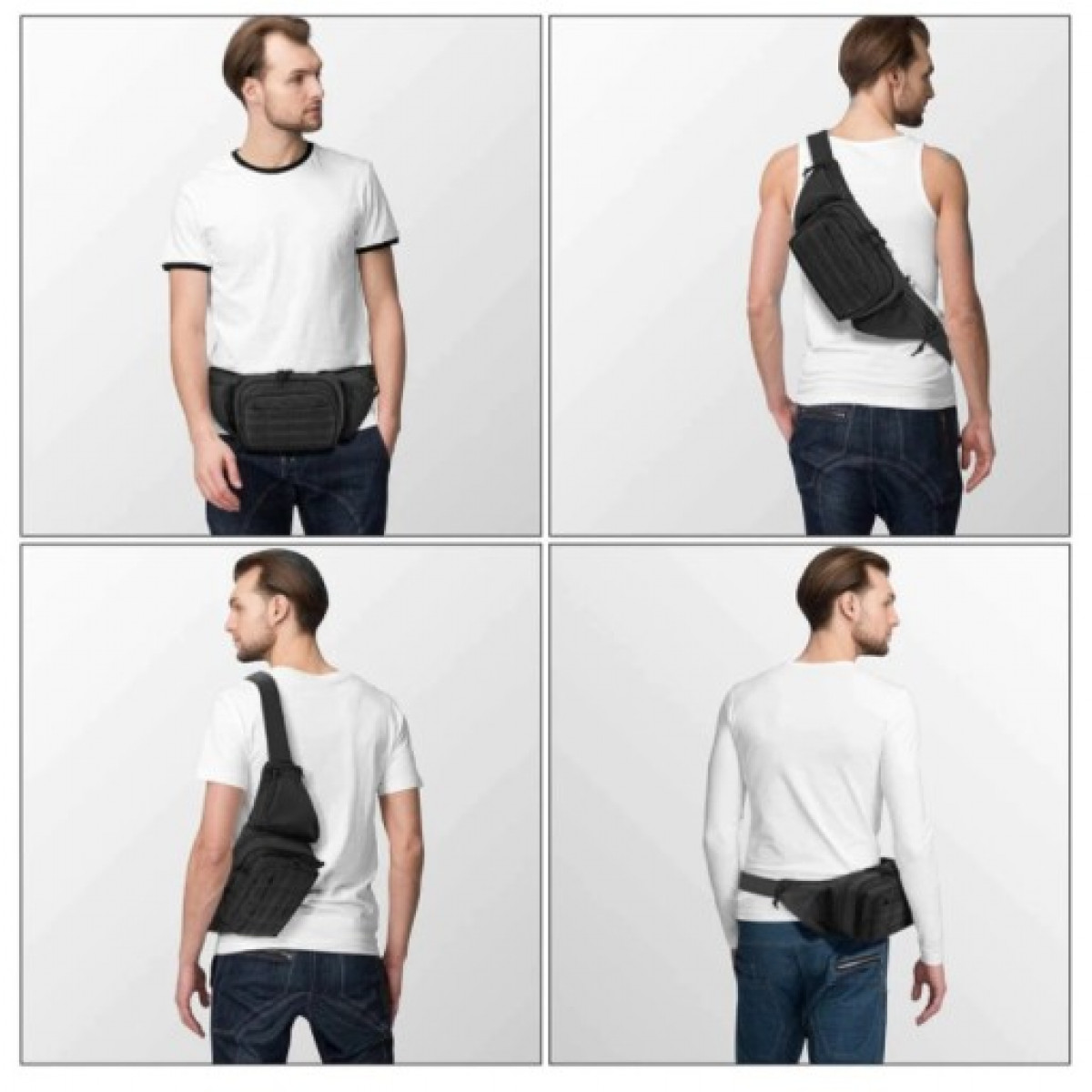 Vier Bilder zeigen einen Mann mit einer schwarzen Bauchtasche in verschiedenen Positionen. Er trägt Jeans und ein weißes Hemd.
