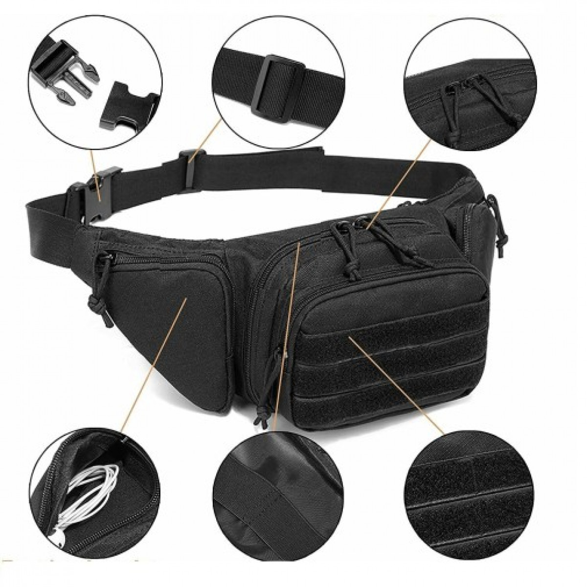 Schwarze Bauchtasche mit mehreren Taschen, Reißverschlüssen und verstellbaren Riemen.